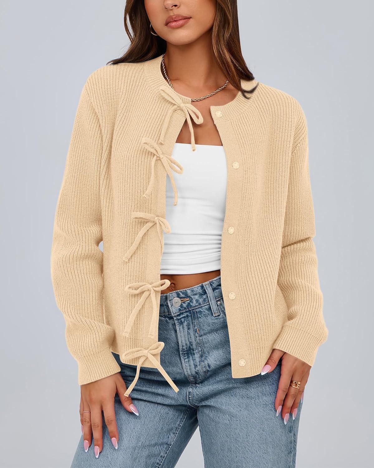 imageBTFBM Bow Cardigan Sweaters for Women Trendy 2025 Fall Winter Open Front Long Sleeve Button Down Cropped Lady JacketBeige