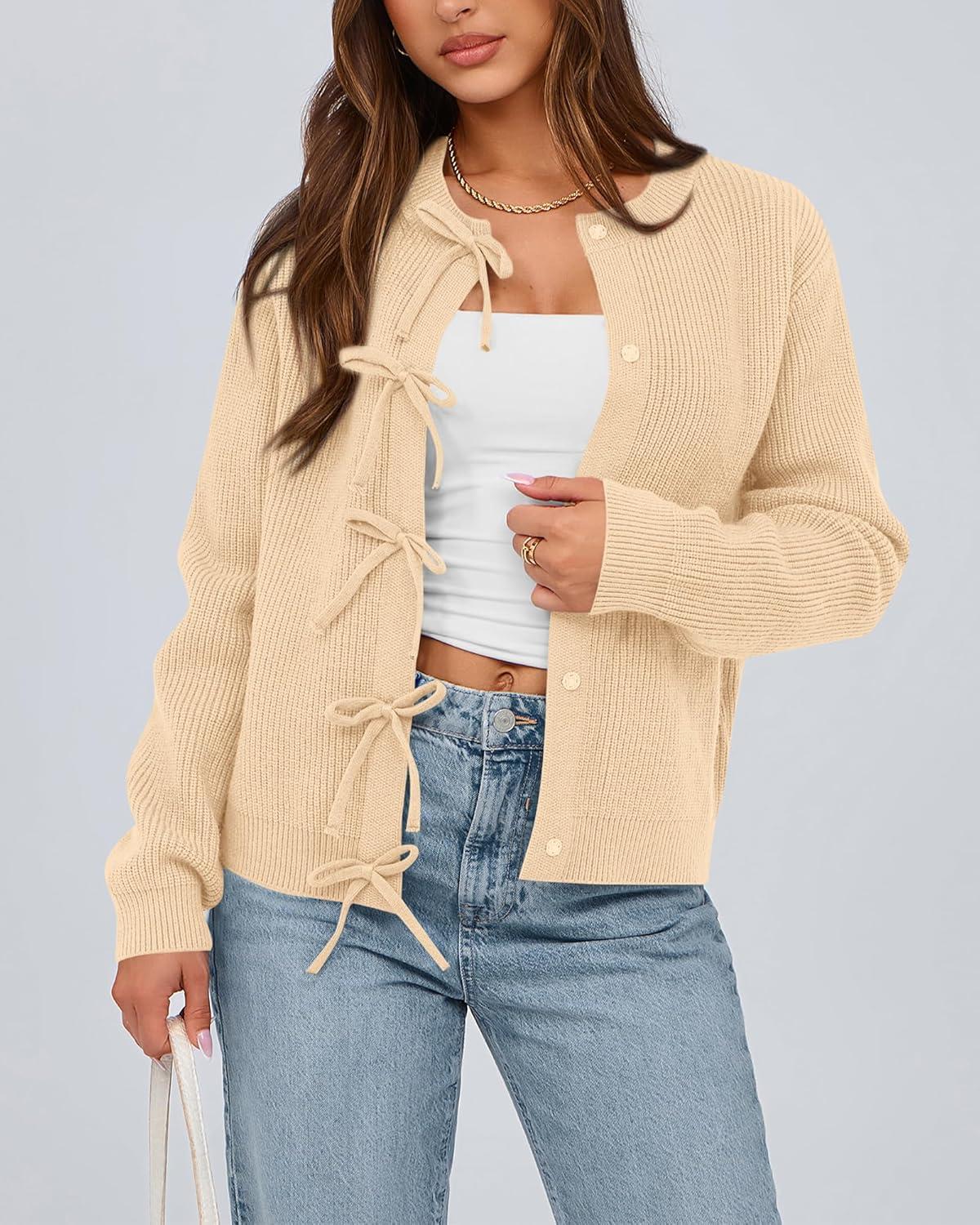 imageBTFBM Bow Cardigan Sweaters for Women Trendy 2025 Fall Winter Open Front Long Sleeve Button Down Cropped Lady JacketBeige