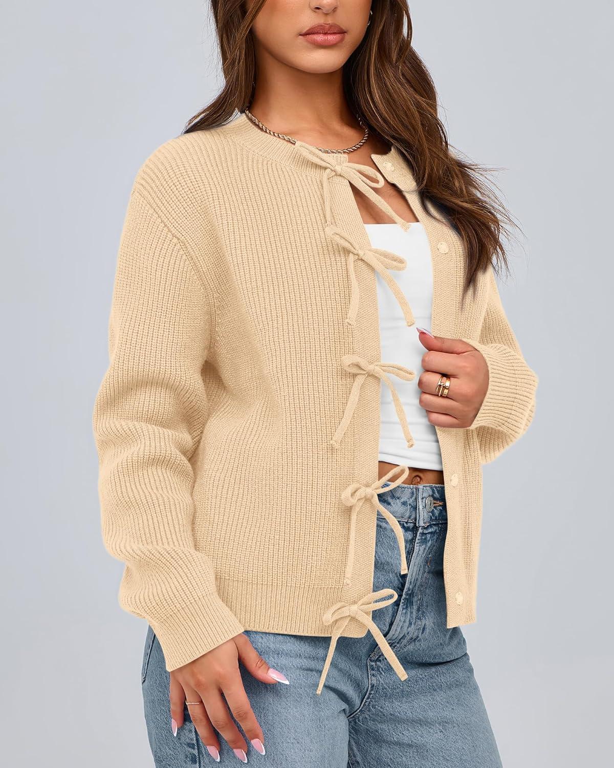 imageBTFBM Bow Cardigan Sweaters for Women Trendy 2025 Fall Winter Open Front Long Sleeve Button Down Cropped Lady JacketBeige