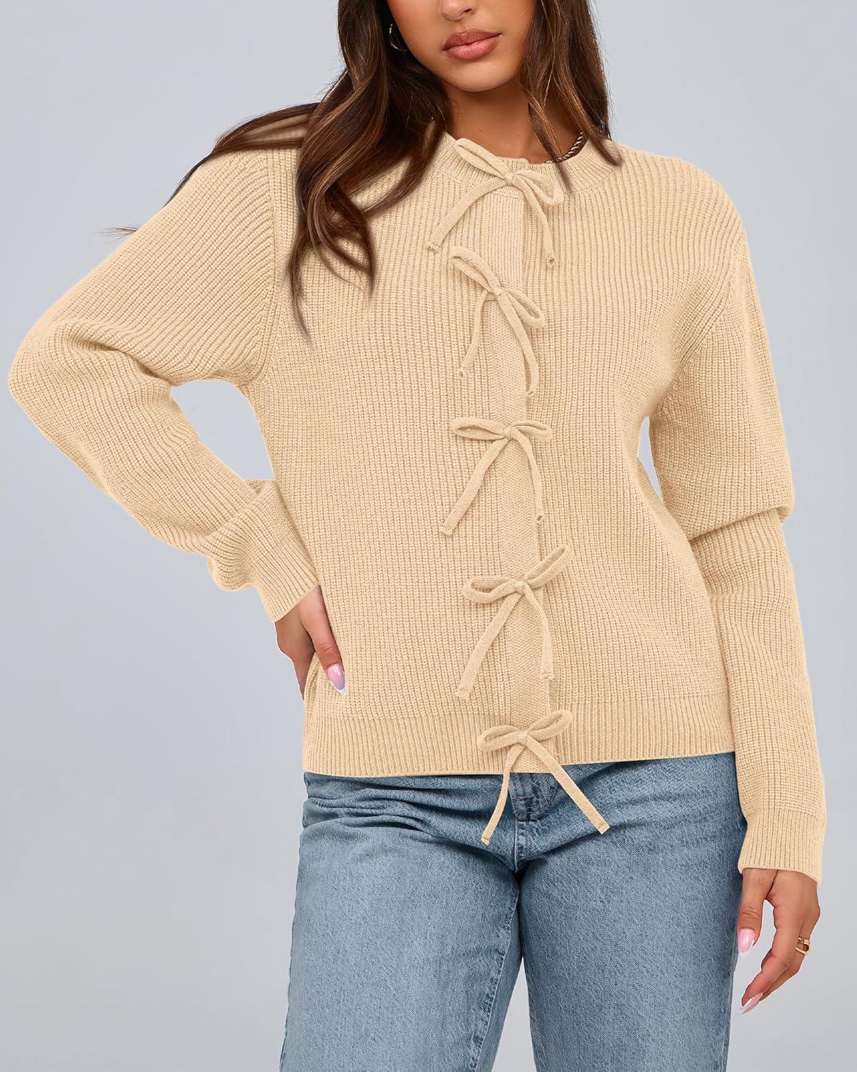 imageBTFBM Bow Cardigan Sweaters for Women Trendy 2025 Fall Winter Open Front Long Sleeve Button Down Cropped Lady JacketBeige