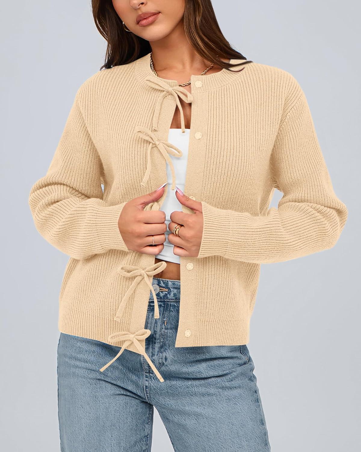 imageBTFBM Bow Cardigan Sweaters for Women Trendy 2025 Fall Winter Open Front Long Sleeve Button Down Cropped Lady JacketBeige