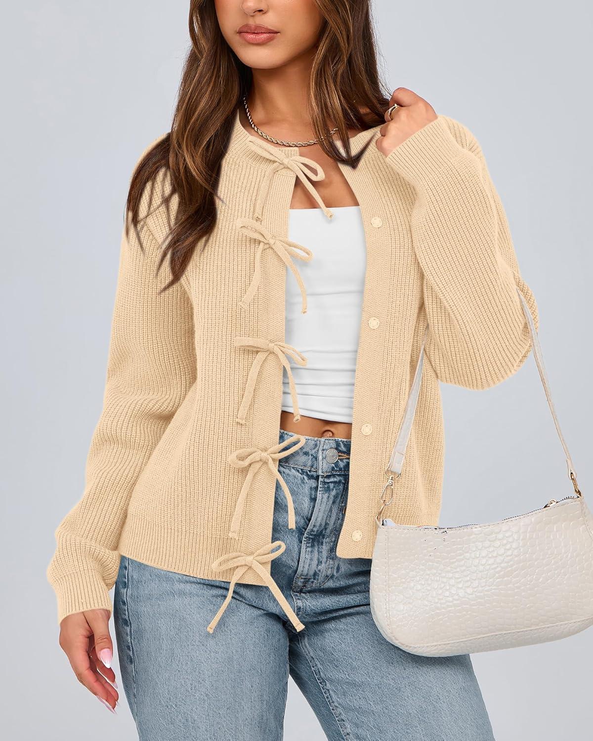 imageBTFBM Bow Cardigan Sweaters for Women Trendy 2025 Fall Winter Open Front Long Sleeve Button Down Cropped Lady JacketBeige