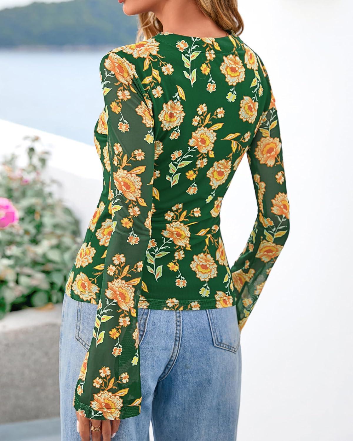 imageBTFBM Button Down Shirts for Women 2026 Spring Boho Tops V Neck Long Sleeve Blouses Ruched Mesh Fitted Fall FashionArmy Green