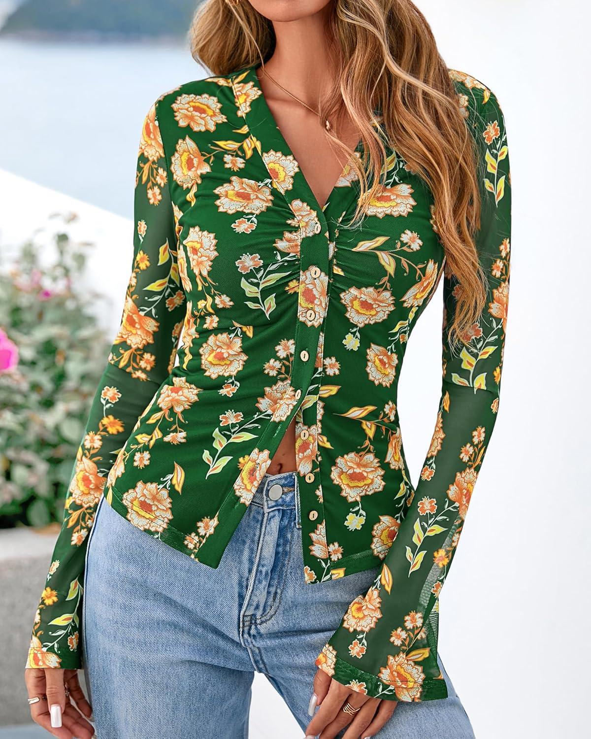 imageBTFBM Button Down Shirts for Women 2026 Spring Boho Tops V Neck Long Sleeve Blouses Ruched Mesh Fitted Fall FashionArmy Green