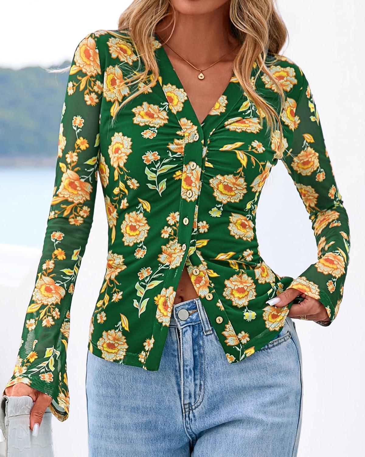 imageBTFBM Button Down Shirts for Women 2026 Spring Boho Tops V Neck Long Sleeve Blouses Ruched Mesh Fitted Fall FashionArmy Green