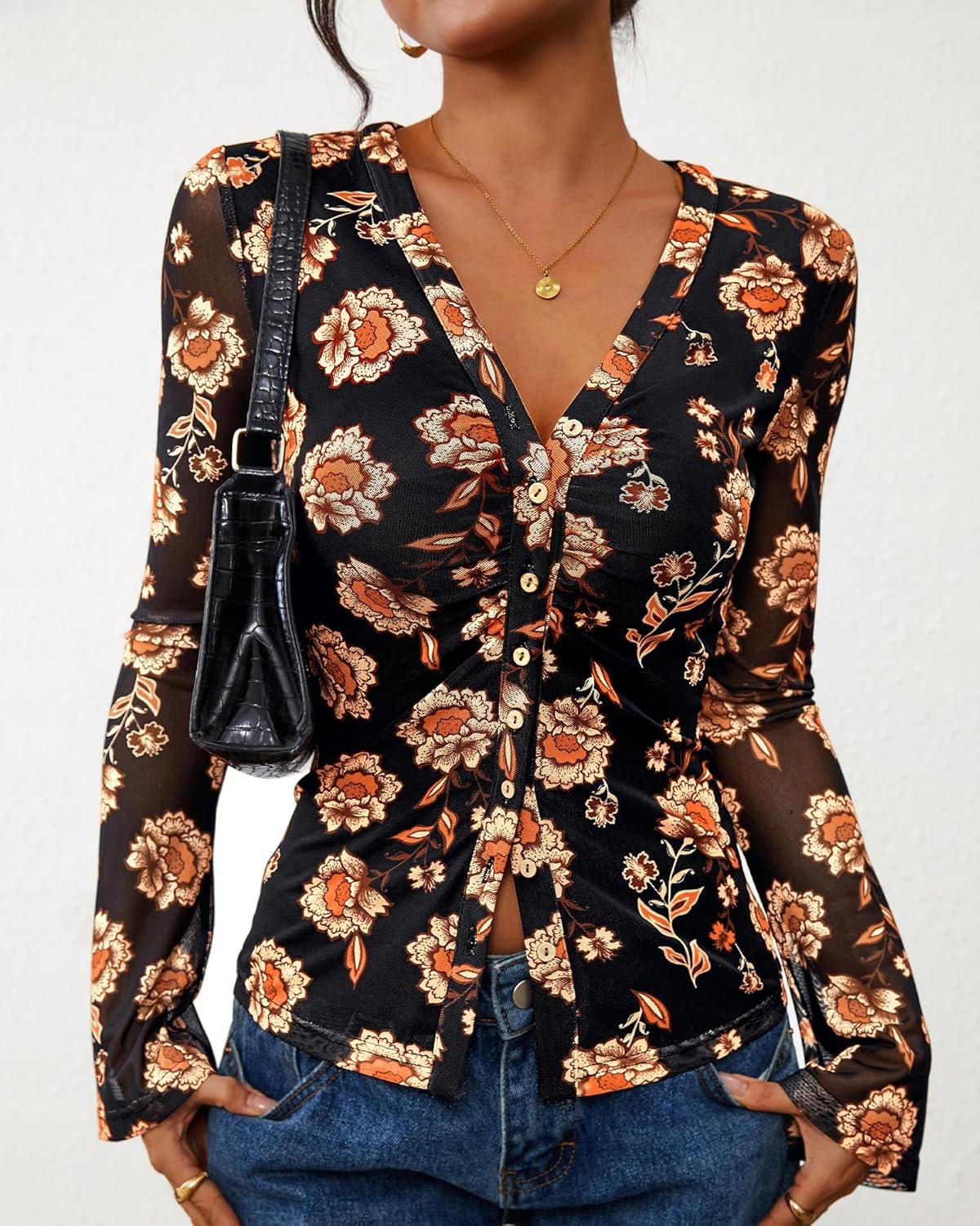 imageBTFBM Button Down Shirts for Women 2026 Spring Boho Tops V Neck Long Sleeve Blouses Ruched Mesh Fitted Fall FashionBlack