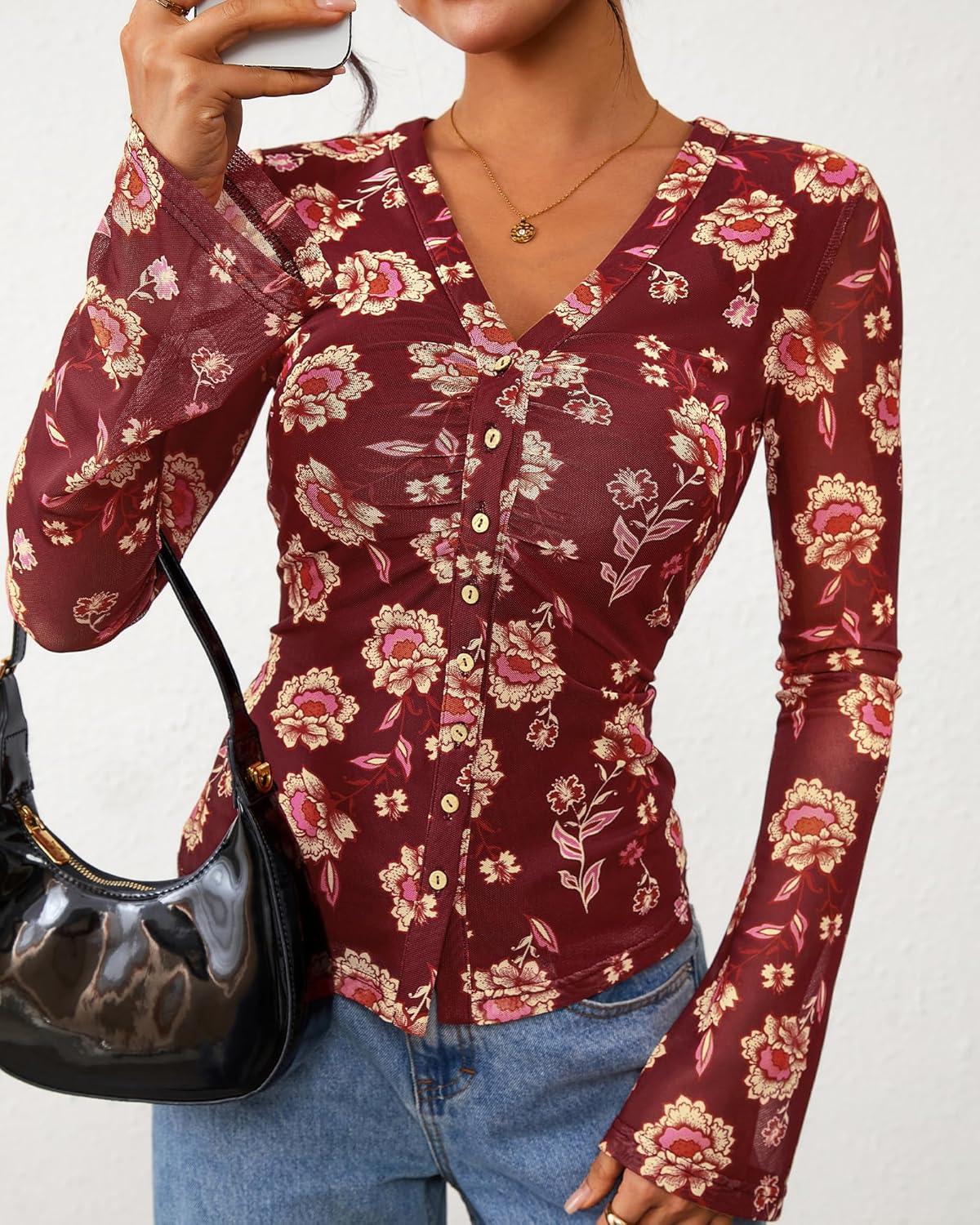 imageBTFBM Button Down Shirts for Women 2026 Spring Boho Tops V Neck Long Sleeve Blouses Ruched Mesh Fitted Fall FashionBrown