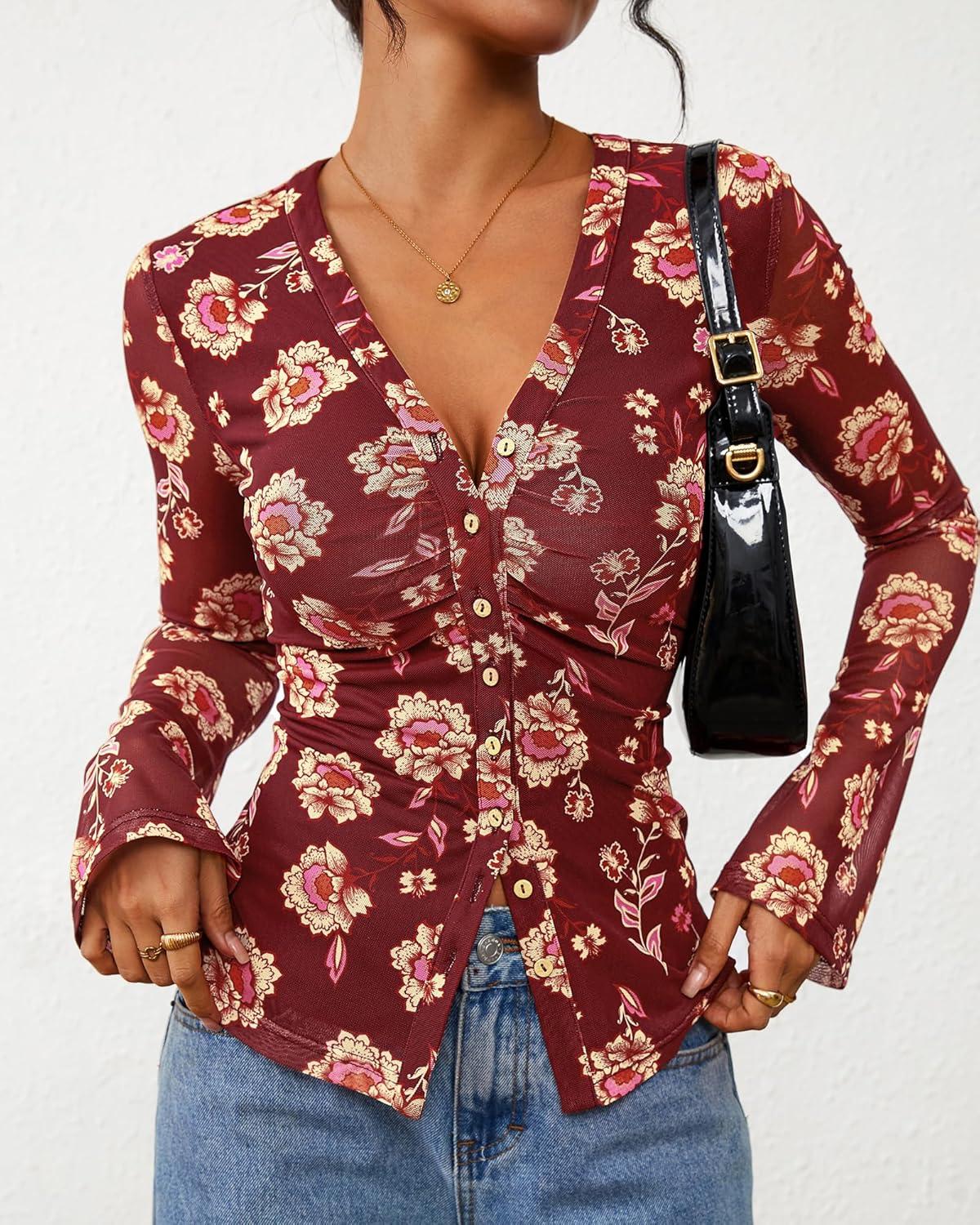 imageBTFBM Button Down Shirts for Women 2026 Spring Boho Tops V Neck Long Sleeve Blouses Ruched Mesh Fitted Fall FashionBrown