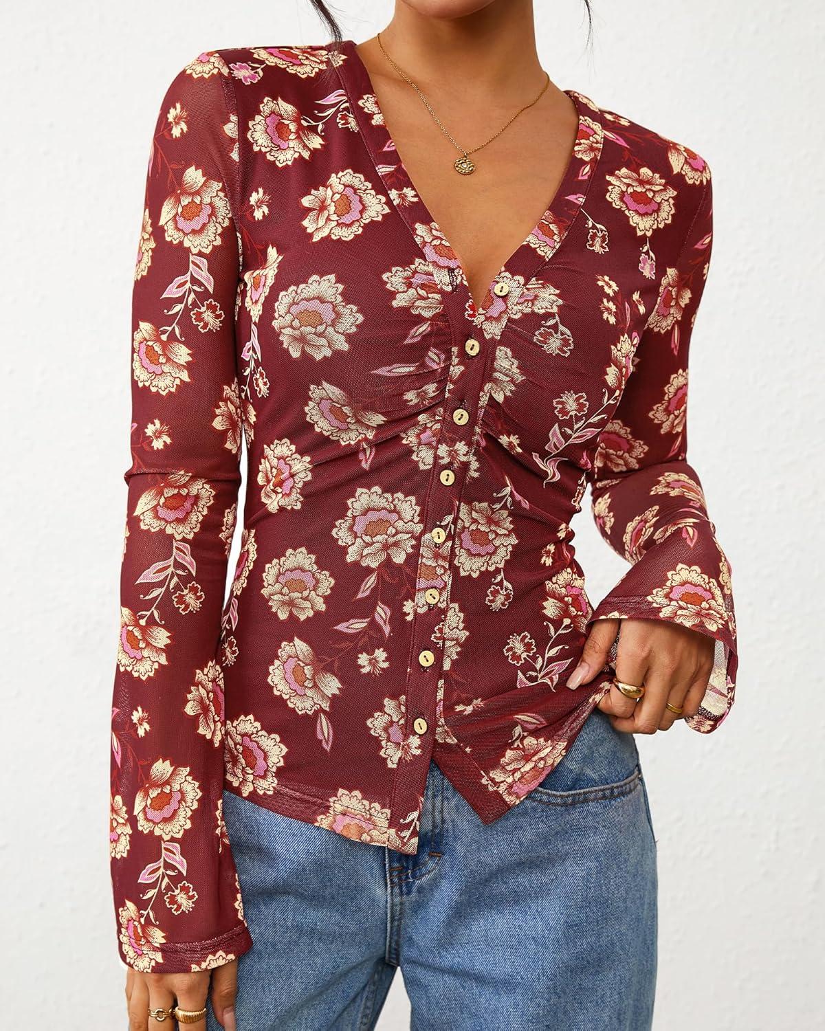 imageBTFBM Button Down Shirts for Women 2026 Spring Boho Tops V Neck Long Sleeve Blouses Ruched Mesh Fitted Fall FashionBrown