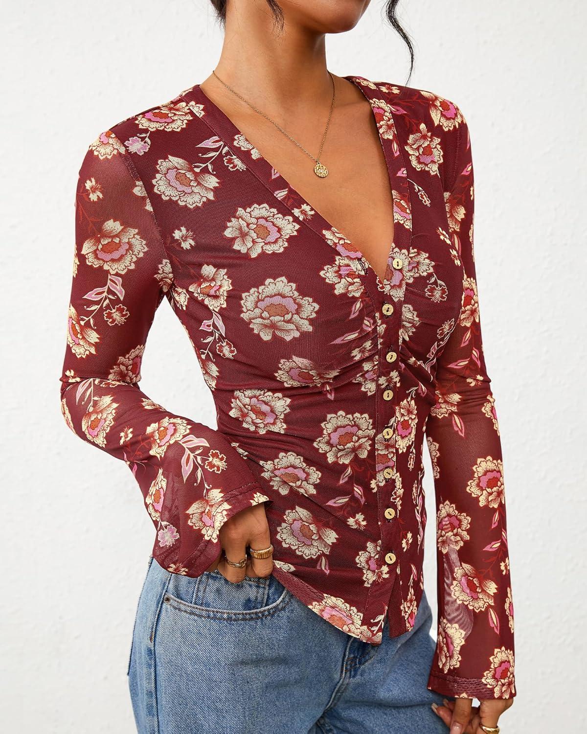 imageBTFBM Button Down Shirts for Women 2026 Spring Boho Tops V Neck Long Sleeve Blouses Ruched Mesh Fitted Fall FashionBrown