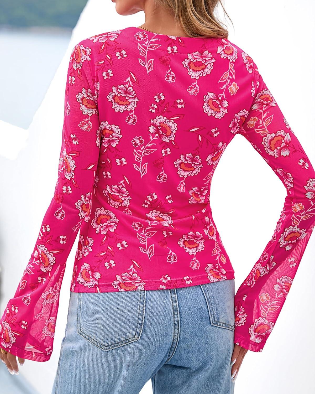 imageBTFBM Button Down Shirts for Women 2026 Spring Boho Tops V Neck Long Sleeve Blouses Ruched Mesh Fitted Fall FashionHot Pink