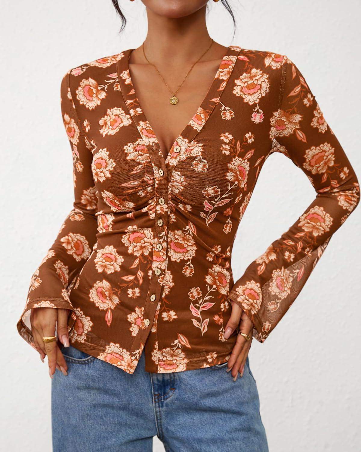 imageBTFBM Button Down Shirts for Women 2026 Spring Boho Tops V Neck Long Sleeve Blouses Ruched Mesh Fitted Fall FashionKhaki