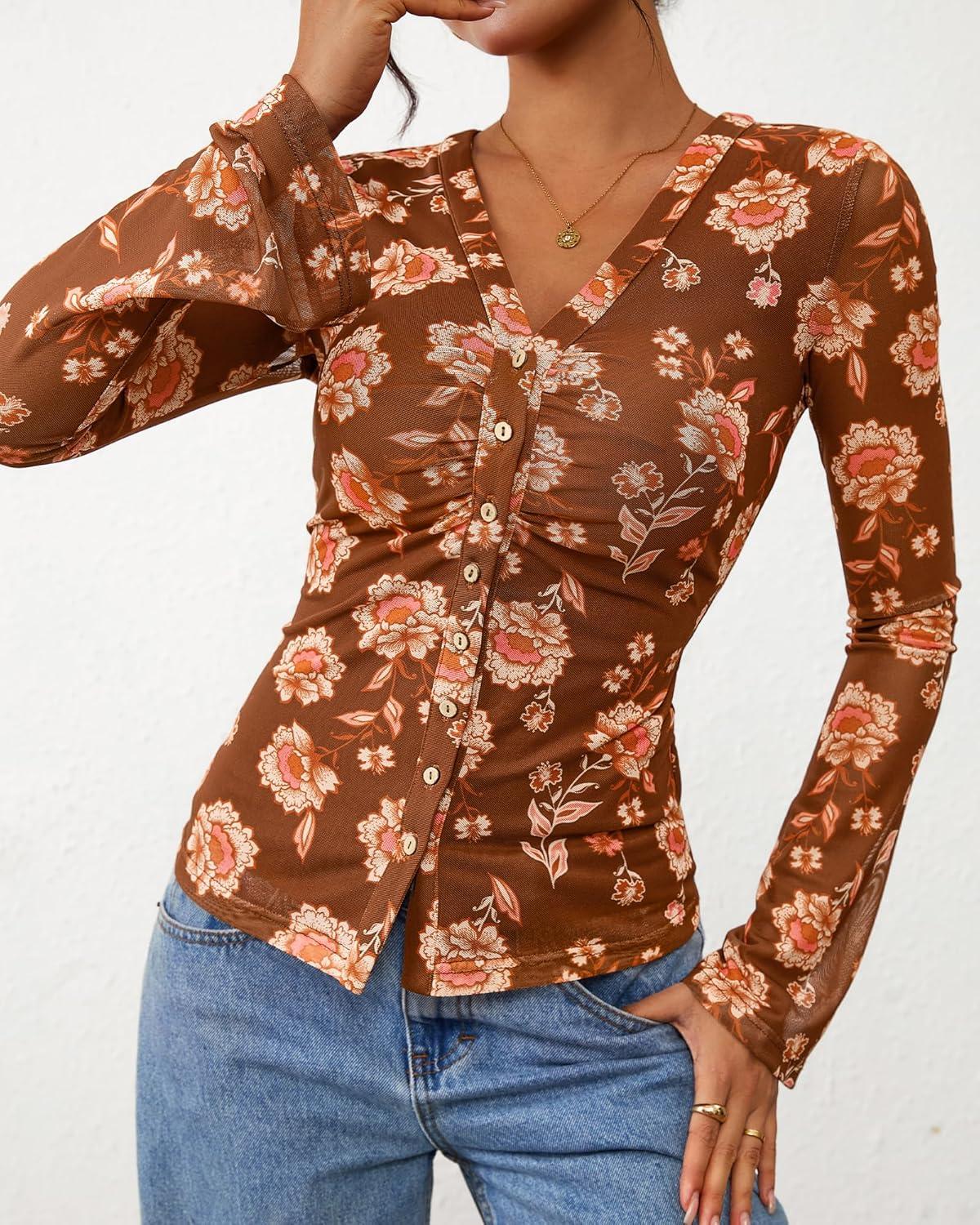imageBTFBM Button Down Shirts for Women 2026 Spring Boho Tops V Neck Long Sleeve Blouses Ruched Mesh Fitted Fall FashionKhaki