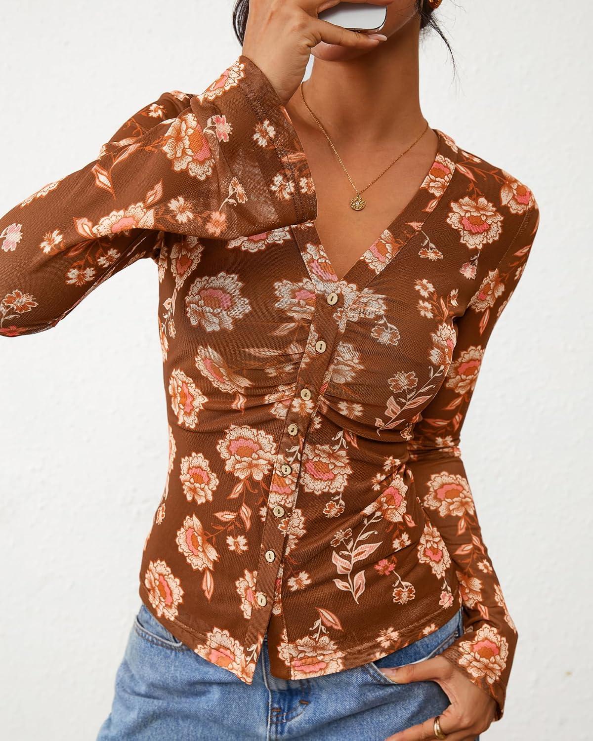 imageBTFBM Button Down Shirts for Women 2026 Spring Boho Tops V Neck Long Sleeve Blouses Ruched Mesh Fitted Fall FashionKhaki