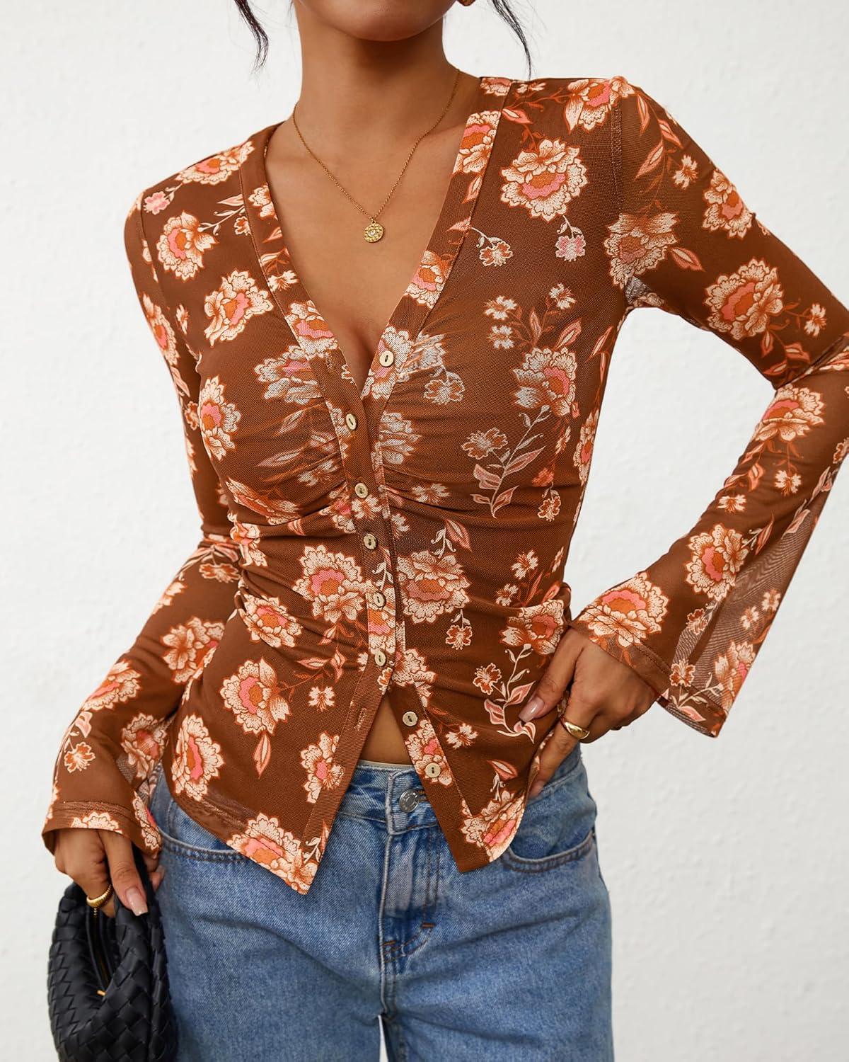 imageBTFBM Button Down Shirts for Women 2026 Spring Boho Tops V Neck Long Sleeve Blouses Ruched Mesh Fitted Fall FashionKhaki