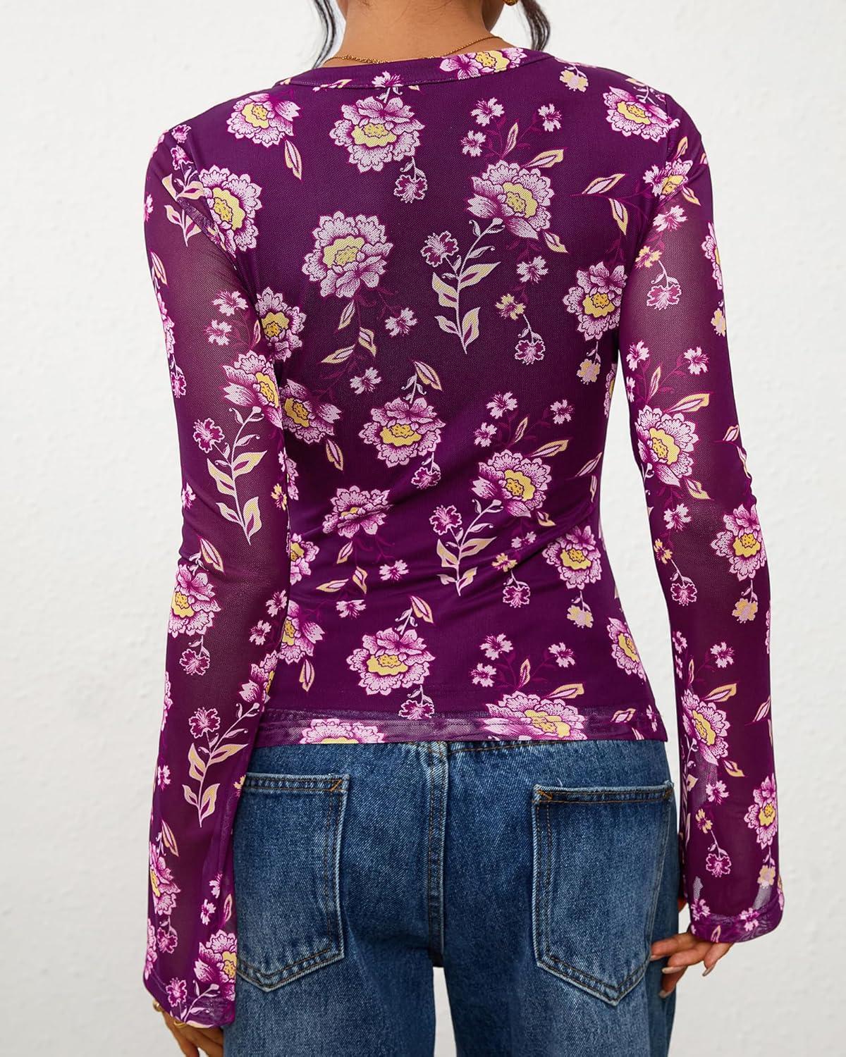 imageBTFBM Button Down Shirts for Women 2026 Spring Boho Tops V Neck Long Sleeve Blouses Ruched Mesh Fitted Fall FashionPurple