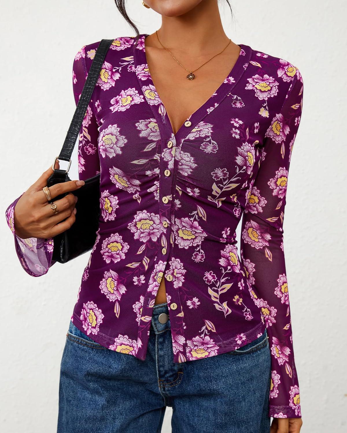 imageBTFBM Button Down Shirts for Women 2026 Spring Boho Tops V Neck Long Sleeve Blouses Ruched Mesh Fitted Fall FashionPurple