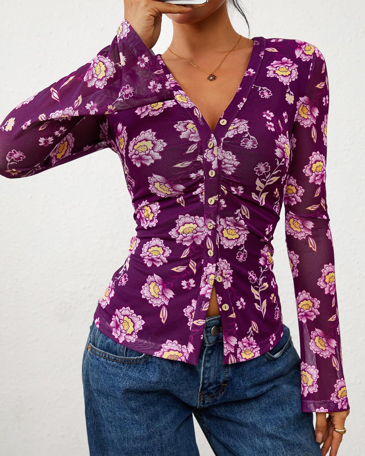 imageBTFBM Button Down Shirts for Women 2026 Spring Boho Tops V Neck Long Sleeve Blouses Ruched Mesh Fitted Fall FashionPurple