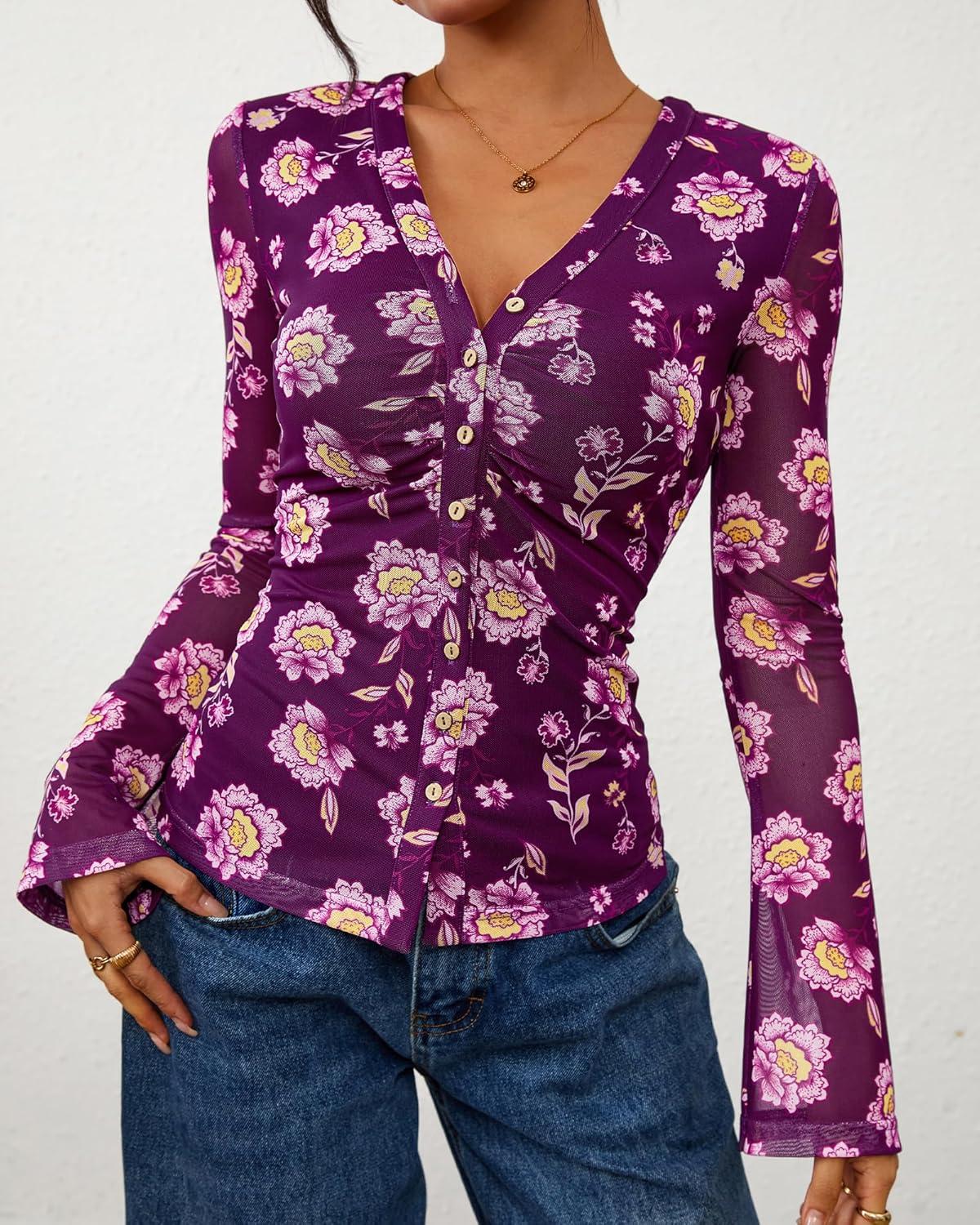 imageBTFBM Button Down Shirts for Women 2026 Spring Boho Tops V Neck Long Sleeve Blouses Ruched Mesh Fitted Fall FashionPurple