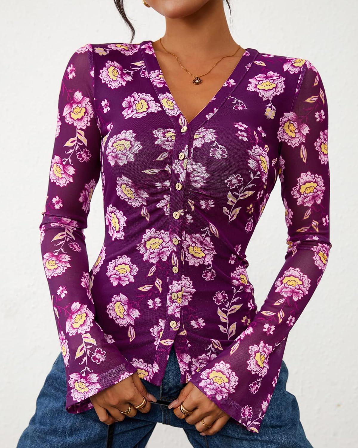 imageBTFBM Button Down Shirts for Women 2026 Spring Boho Tops V Neck Long Sleeve Blouses Ruched Mesh Fitted Fall FashionPurple