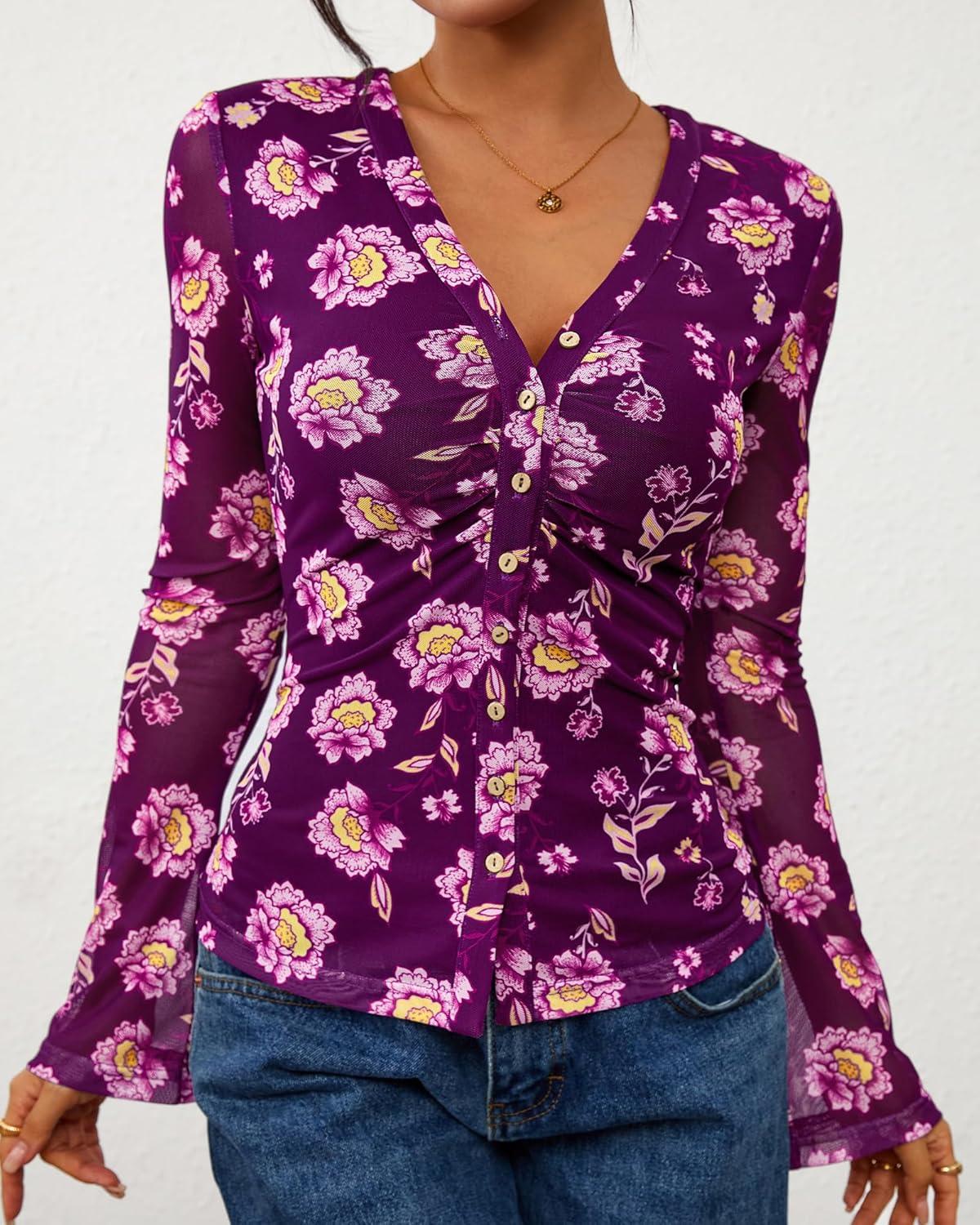 imageBTFBM Button Down Shirts for Women 2026 Spring Boho Tops V Neck Long Sleeve Blouses Ruched Mesh Fitted Fall FashionPurple