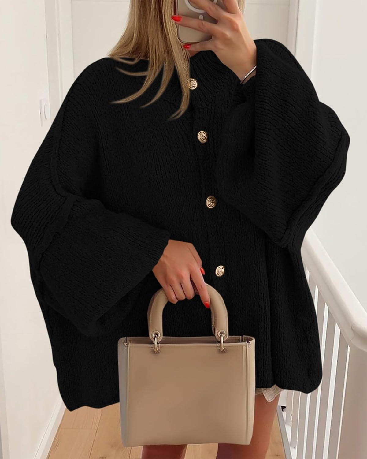 imageBTFBM Cardigan Sweaters for Women 2025 Fall Clothes Lantern Long Sleeve Button Open Front Chunky Knit Oversized SweaterBlack