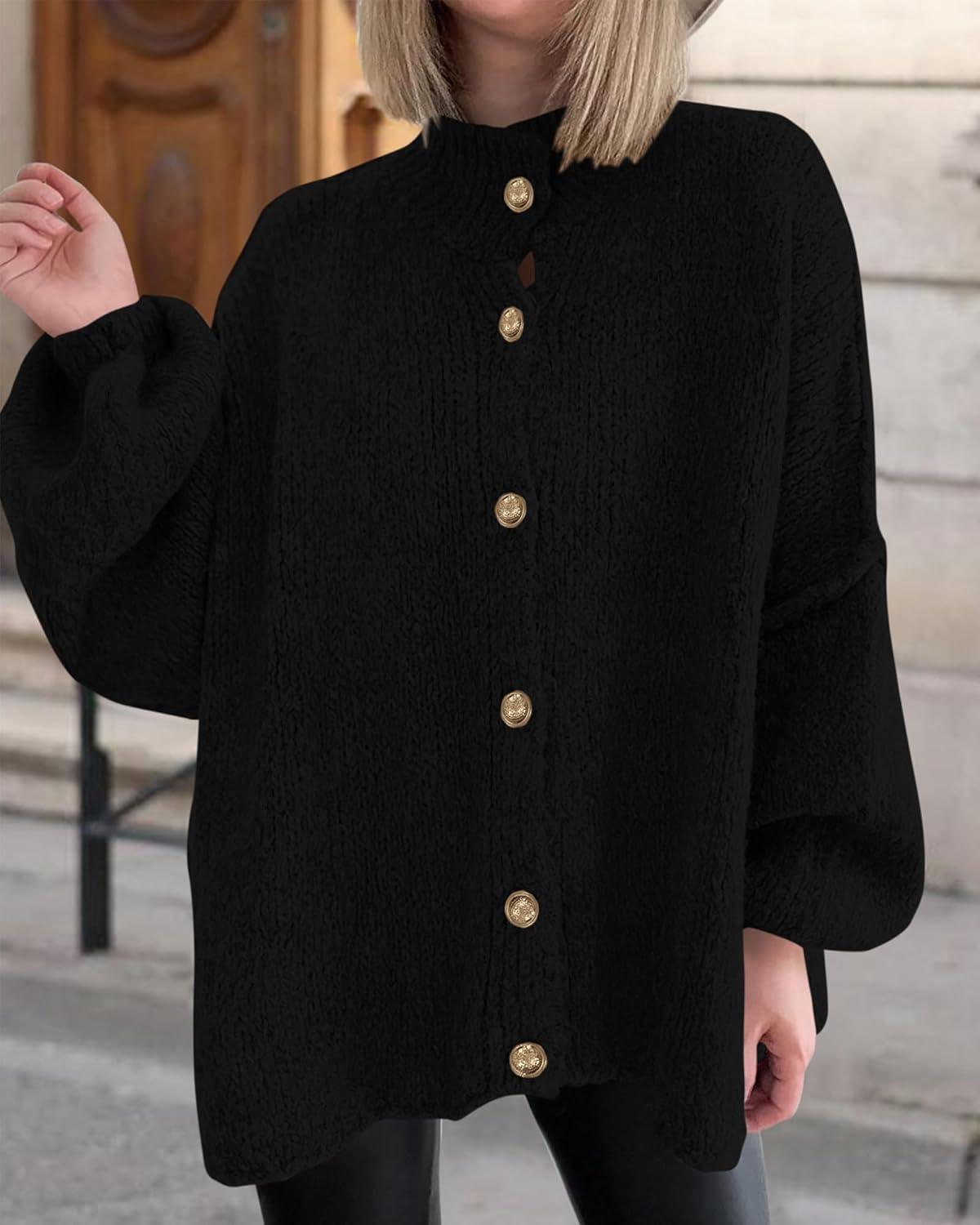 imageBTFBM Cardigan Sweaters for Women 2025 Fall Clothes Lantern Long Sleeve Button Open Front Chunky Knit Oversized SweaterBlack