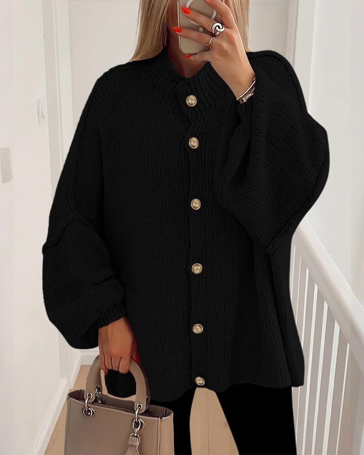 imageBTFBM Cardigan Sweaters for Women 2025 Fall Clothes Lantern Long Sleeve Button Open Front Chunky Knit Oversized SweaterBlack