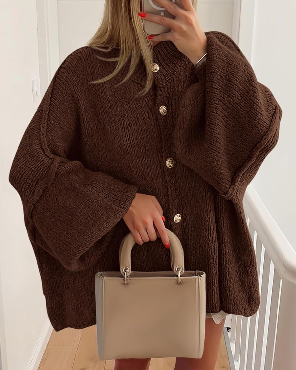 imageBTFBM Cardigan Sweaters for Women 2025 Fall Clothes Lantern Long Sleeve Button Open Front Chunky Knit Oversized SweaterBrown