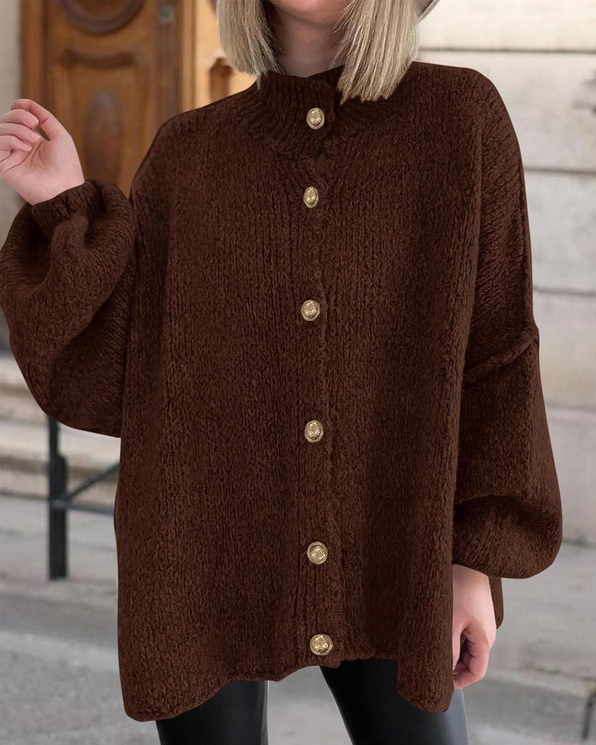 imageBTFBM Cardigan Sweaters for Women 2025 Fall Clothes Lantern Long Sleeve Button Open Front Chunky Knit Oversized SweaterBrown