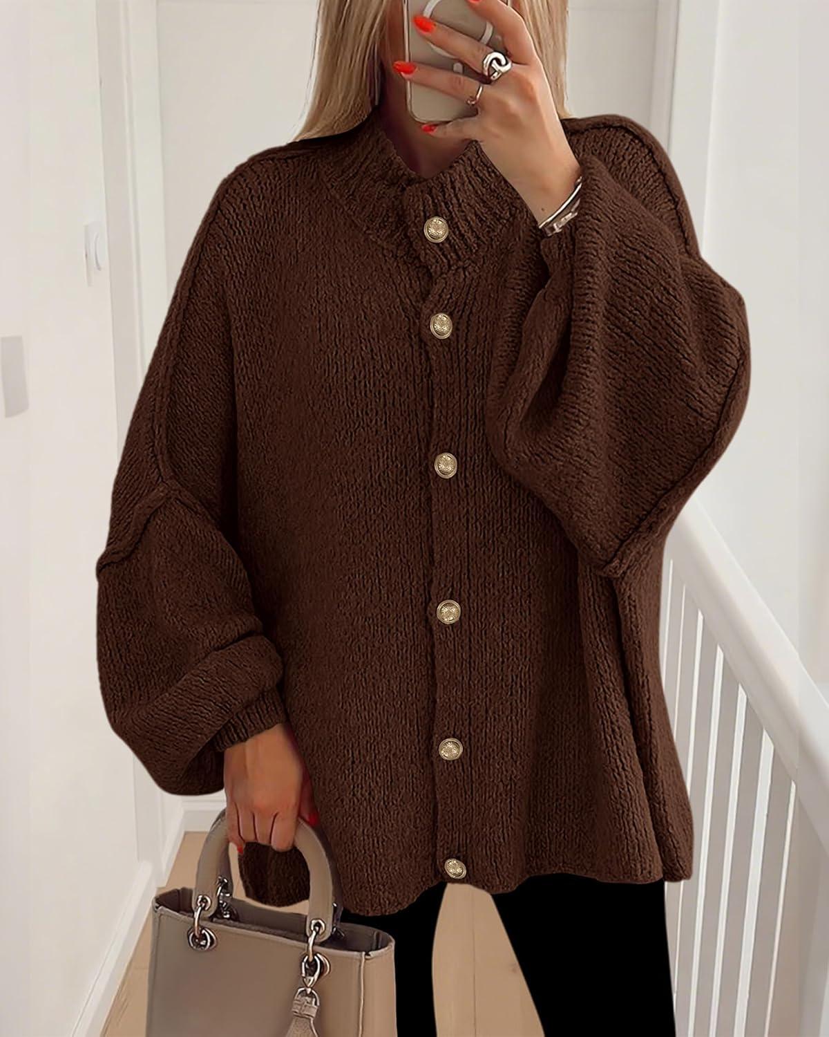 imageBTFBM Cardigan Sweaters for Women 2025 Fall Clothes Lantern Long Sleeve Button Open Front Chunky Knit Oversized SweaterBrown