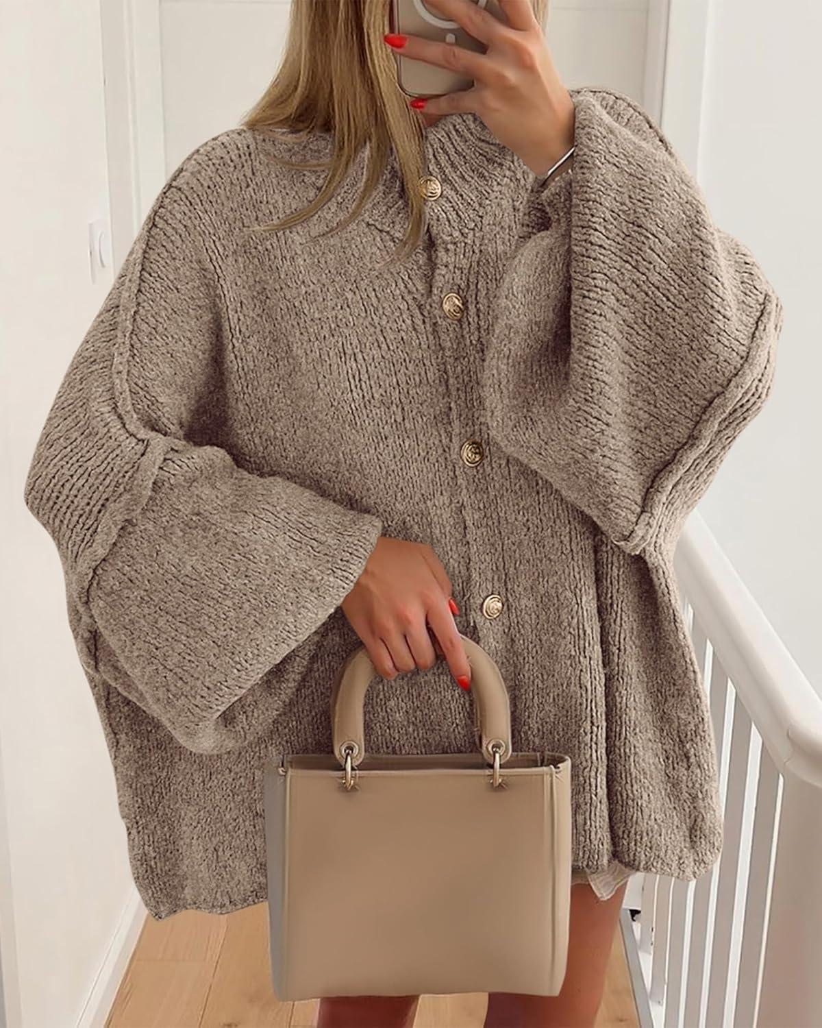 imageBTFBM Cardigan Sweaters for Women 2025 Fall Clothes Lantern Long Sleeve Button Open Front Chunky Knit Oversized SweaterCamel