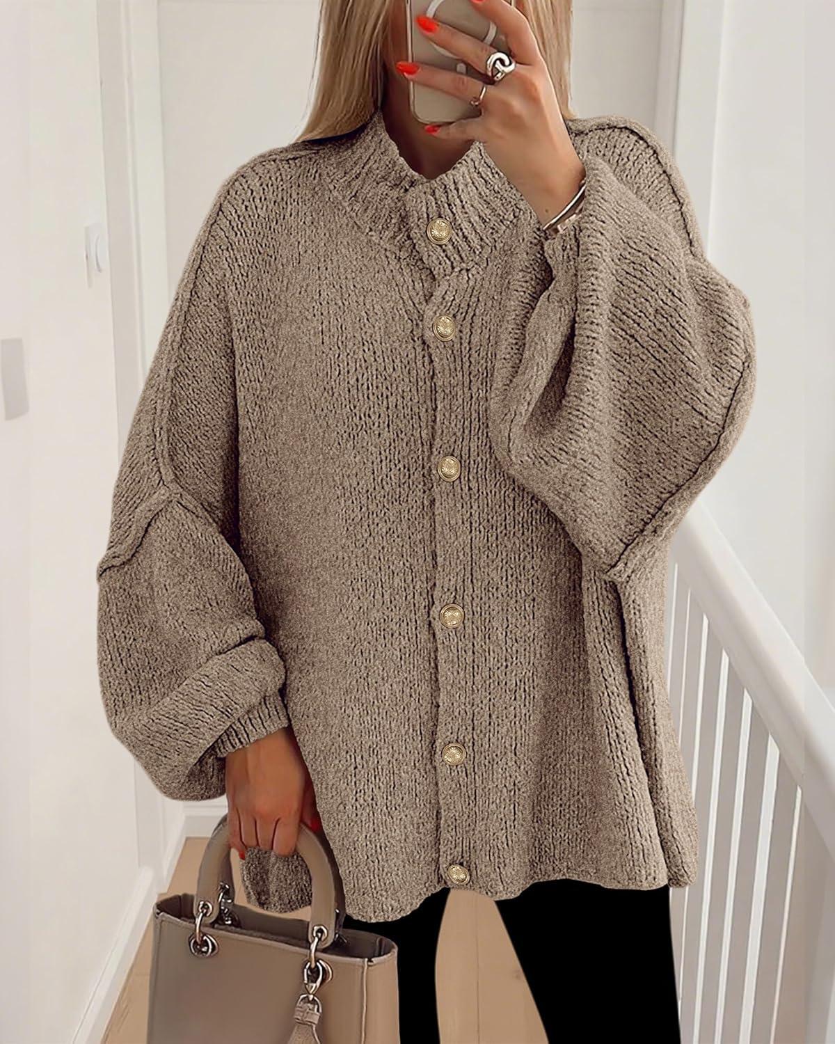 imageBTFBM Cardigan Sweaters for Women 2025 Fall Clothes Lantern Long Sleeve Button Open Front Chunky Knit Oversized SweaterCamel