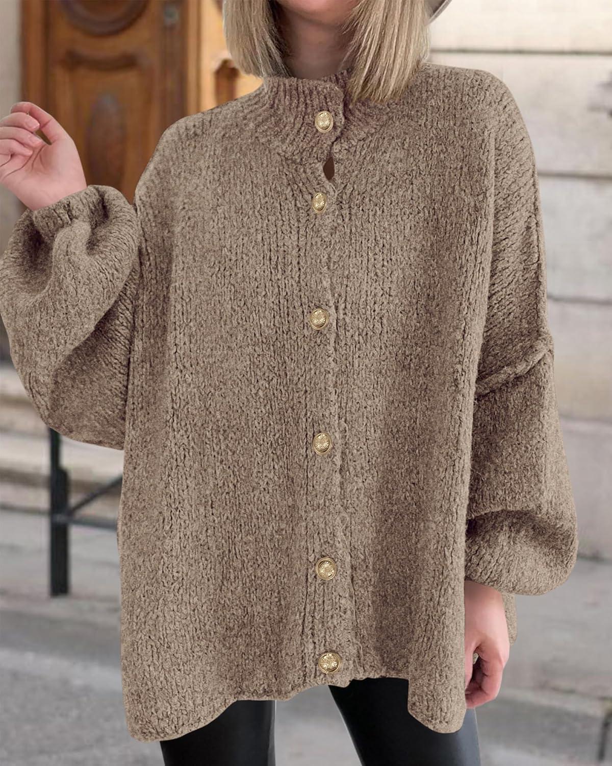 imageBTFBM Cardigan Sweaters for Women 2025 Fall Clothes Lantern Long Sleeve Button Open Front Chunky Knit Oversized SweaterCamel