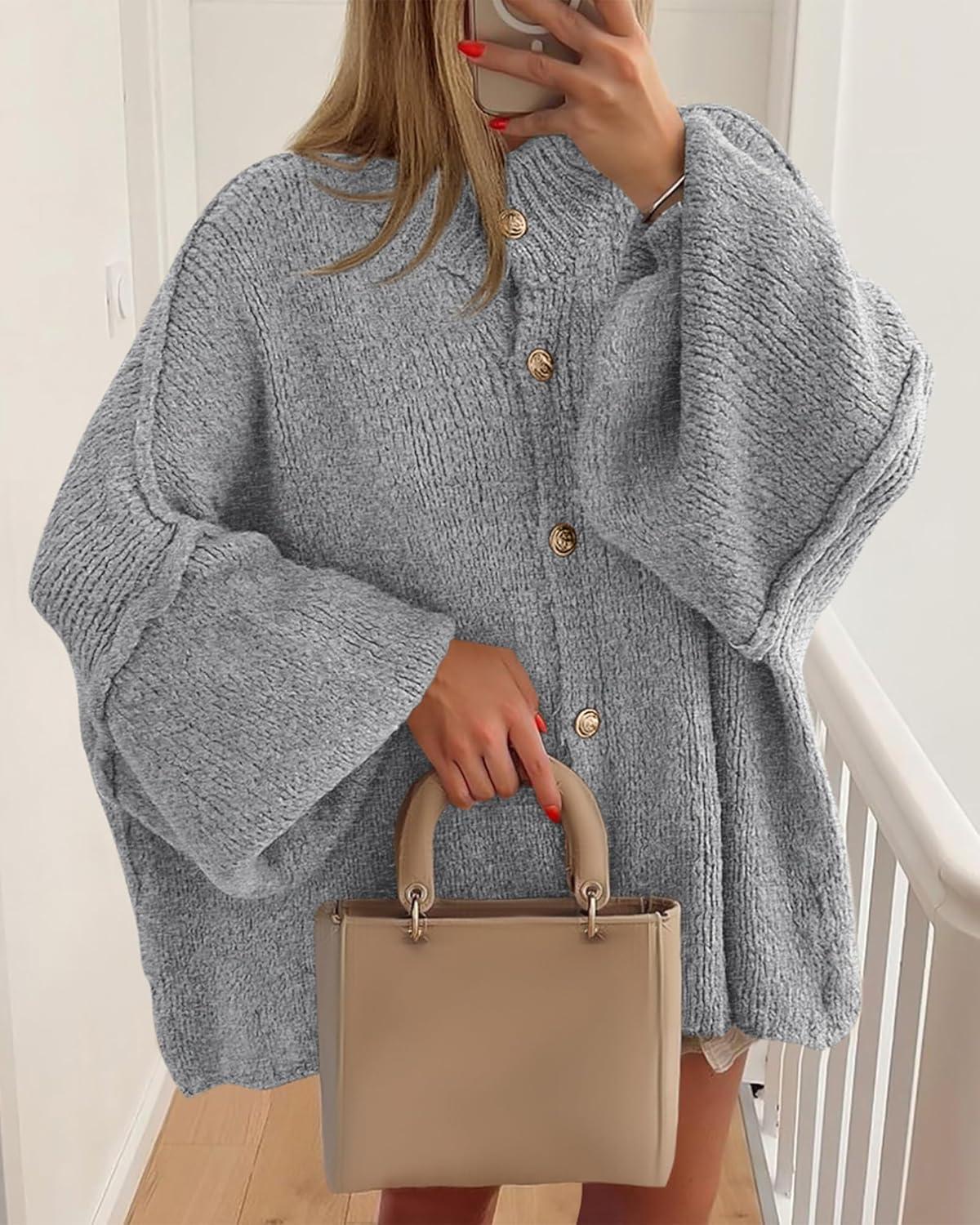 imageBTFBM Cardigan Sweaters for Women 2025 Fall Clothes Lantern Long Sleeve Button Open Front Chunky Knit Oversized SweaterGrey