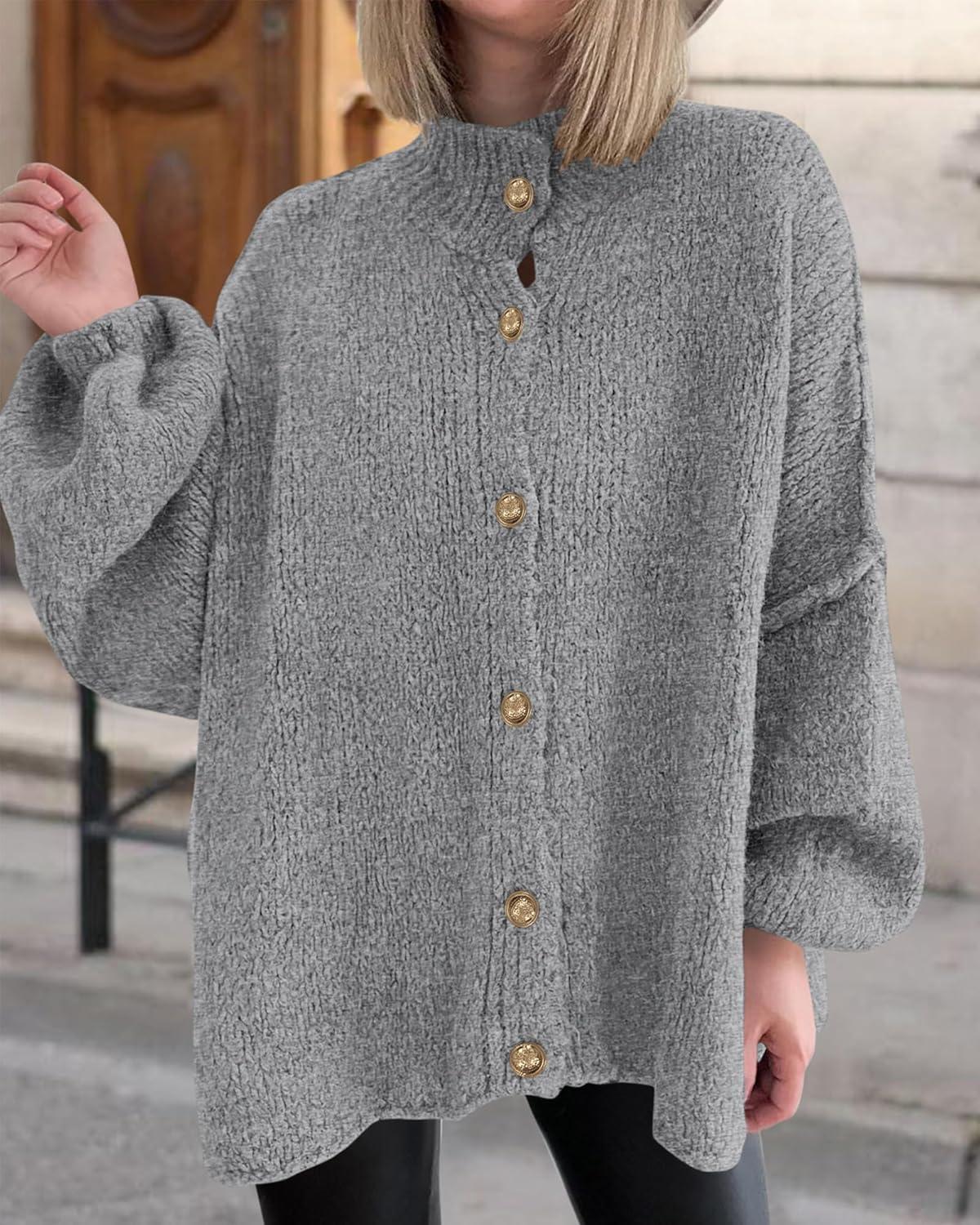 imageBTFBM Cardigan Sweaters for Women 2025 Fall Clothes Lantern Long Sleeve Button Open Front Chunky Knit Oversized SweaterGrey