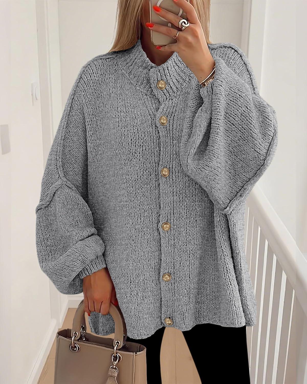 imageBTFBM Cardigan Sweaters for Women 2025 Fall Clothes Lantern Long Sleeve Button Open Front Chunky Knit Oversized SweaterGrey