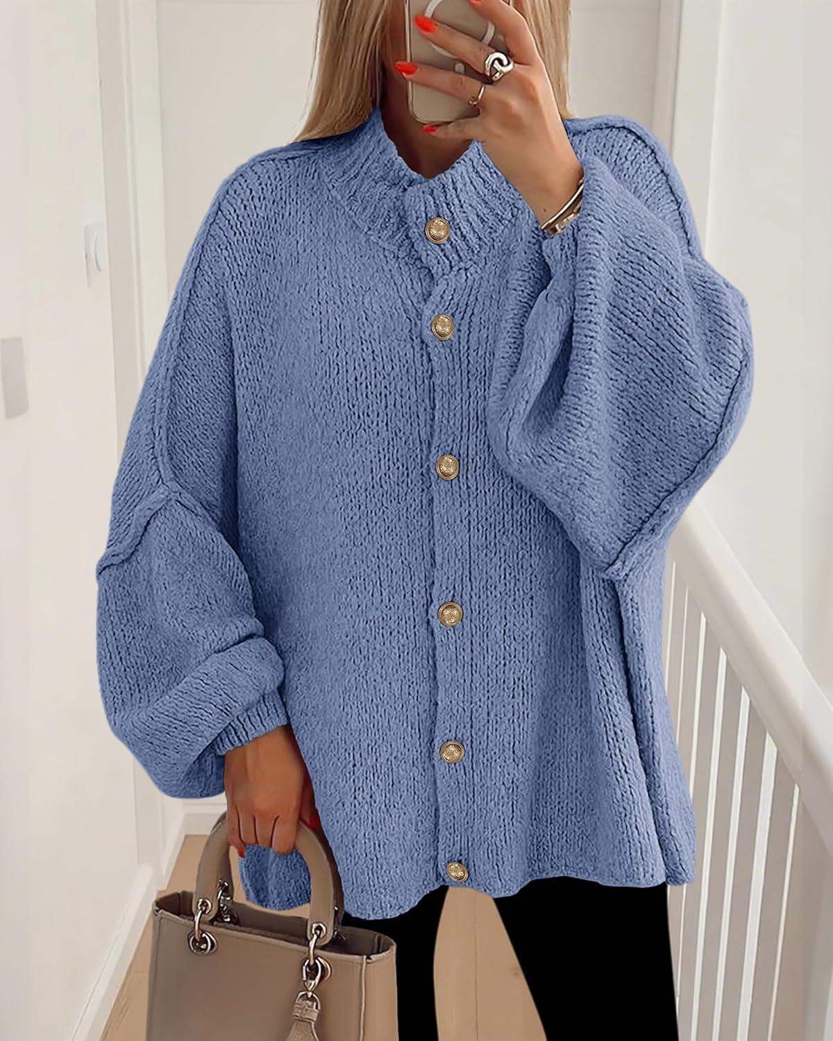 imageBTFBM Cardigan Sweaters for Women 2025 Fall Clothes Lantern Long Sleeve Button Open Front Chunky Knit Oversized SweaterGrey Blue