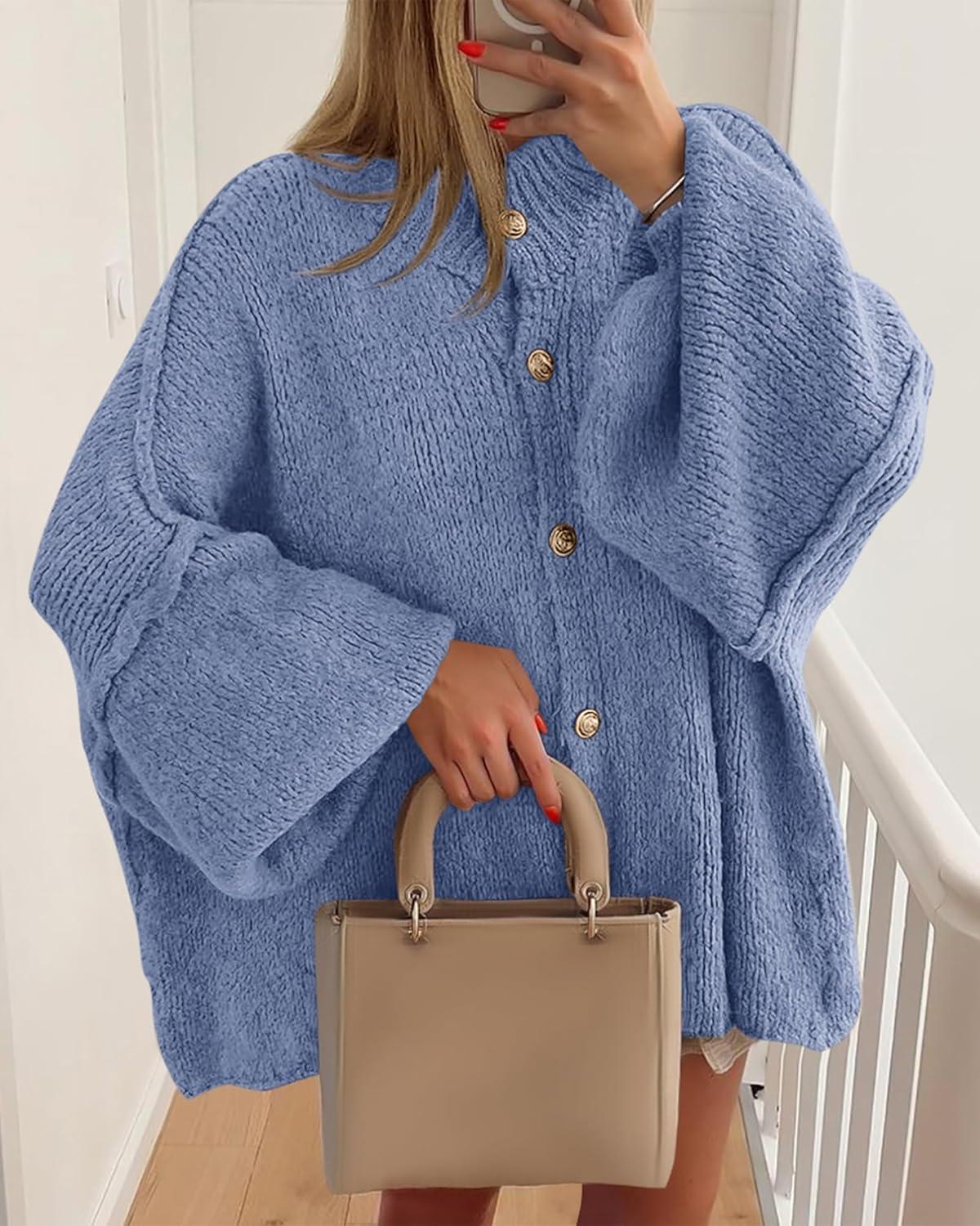 imageBTFBM Cardigan Sweaters for Women 2025 Fall Clothes Lantern Long Sleeve Button Open Front Chunky Knit Oversized SweaterGrey Blue