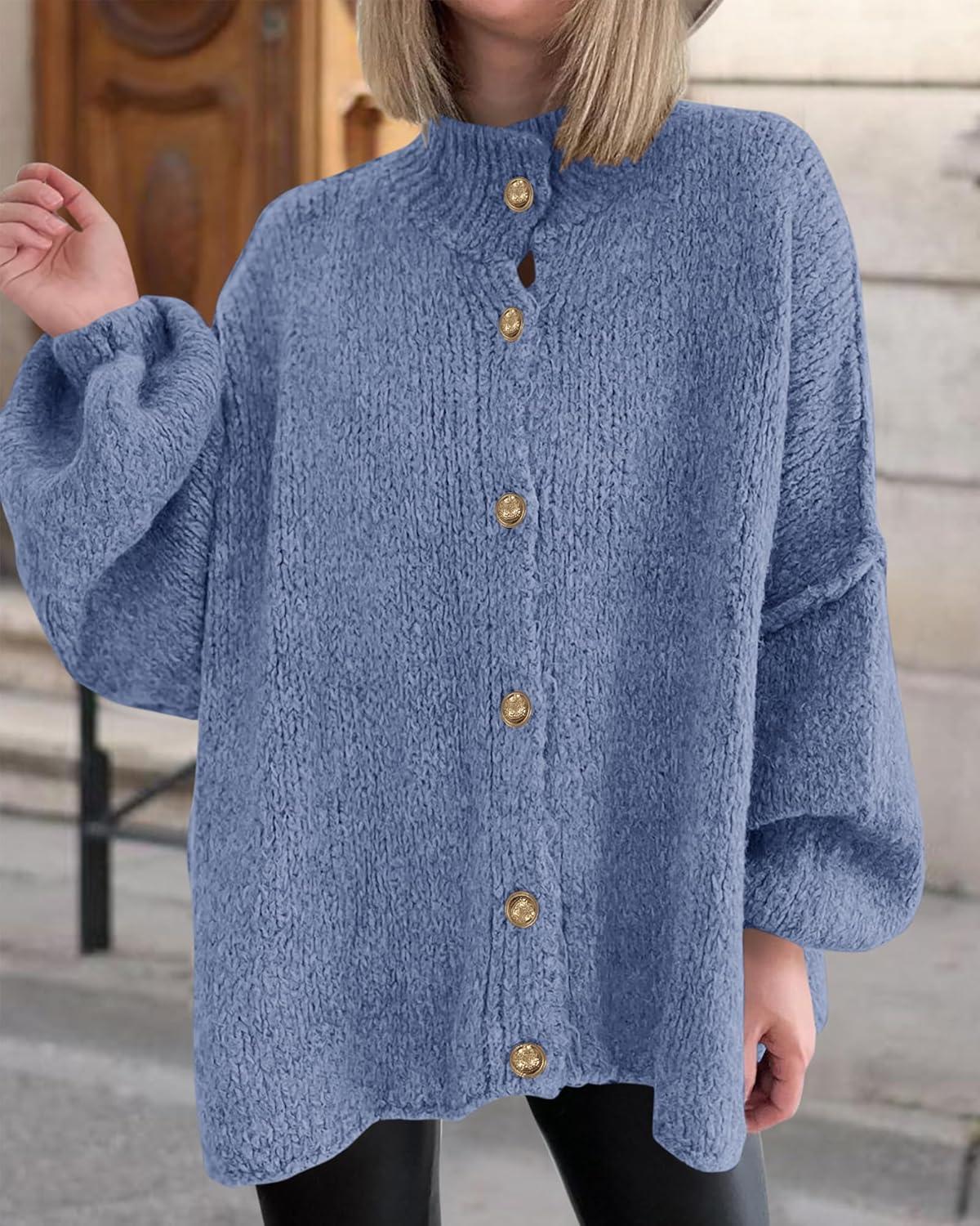imageBTFBM Cardigan Sweaters for Women 2025 Fall Clothes Lantern Long Sleeve Button Open Front Chunky Knit Oversized SweaterGrey Blue
