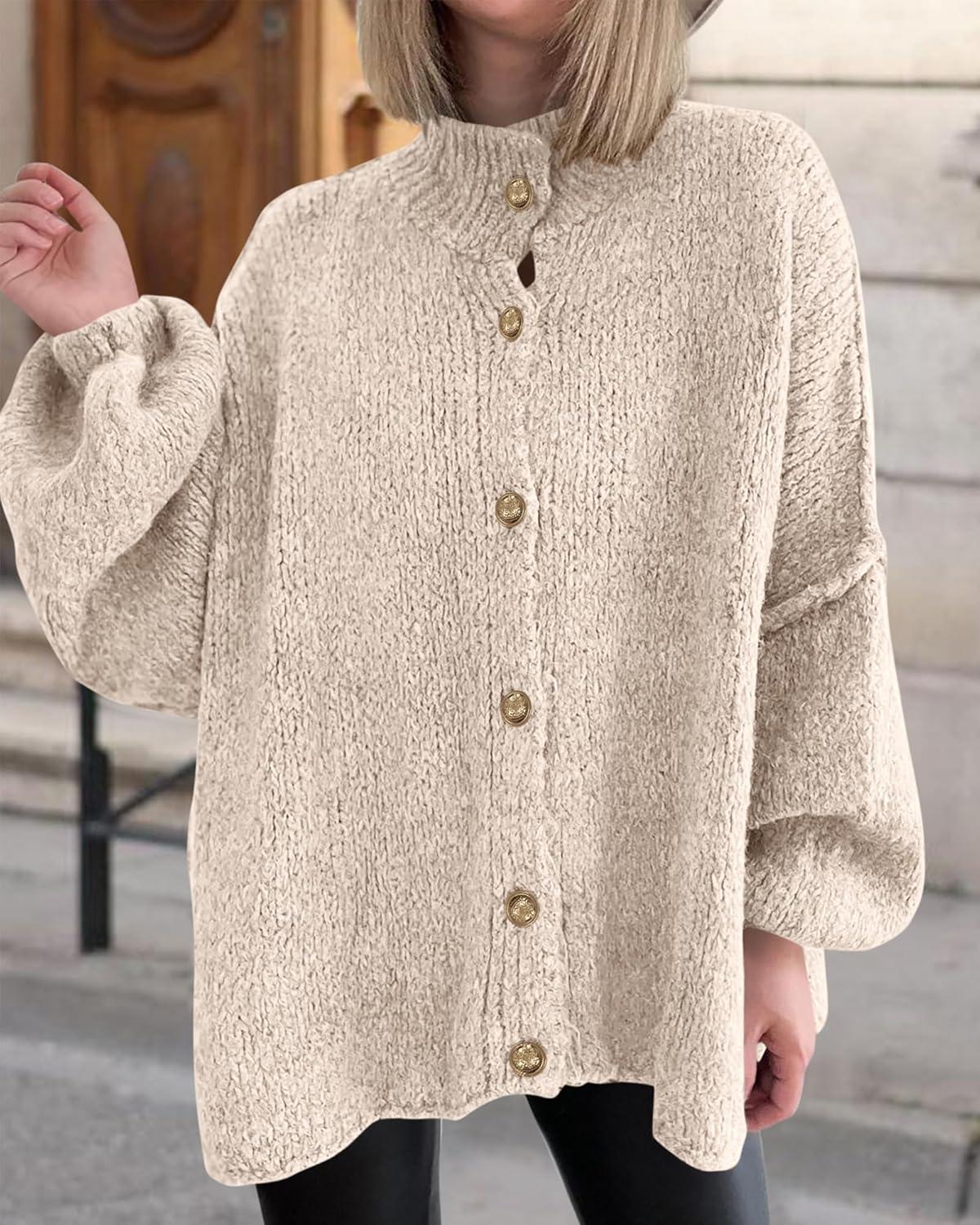imageBTFBM Cardigan Sweaters for Women 2025 Fall Clothes Lantern Long Sleeve Button Open Front Chunky Knit Oversized SweaterLight Khaki