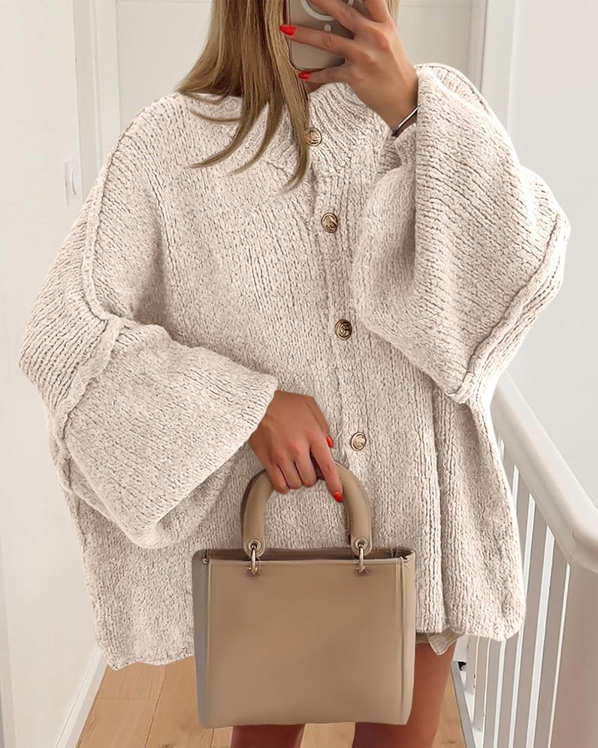 imageBTFBM Cardigan Sweaters for Women 2025 Fall Clothes Lantern Long Sleeve Button Open Front Chunky Knit Oversized SweaterLight Khaki