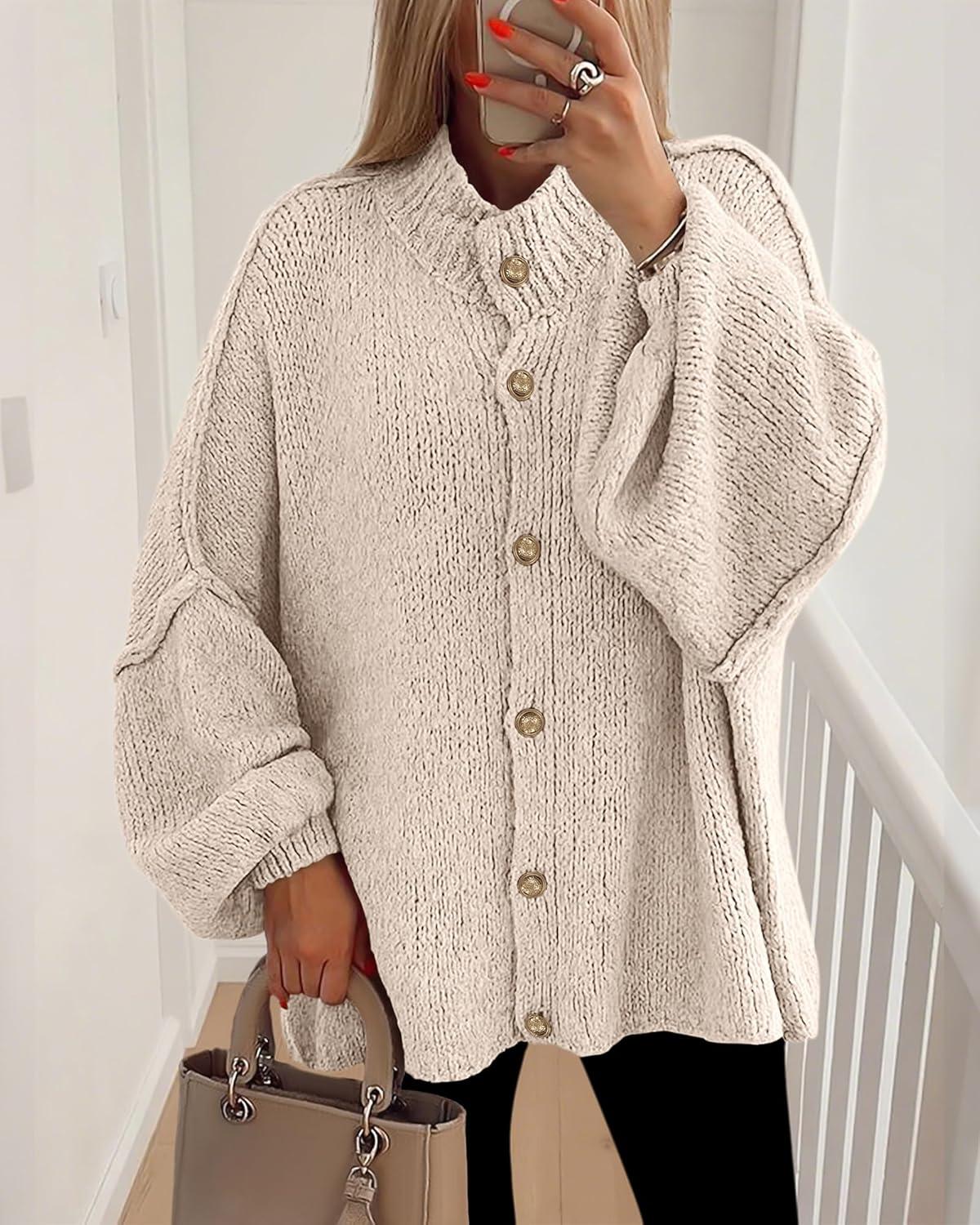 imageBTFBM Cardigan Sweaters for Women 2025 Fall Clothes Lantern Long Sleeve Button Open Front Chunky Knit Oversized SweaterLight Khaki