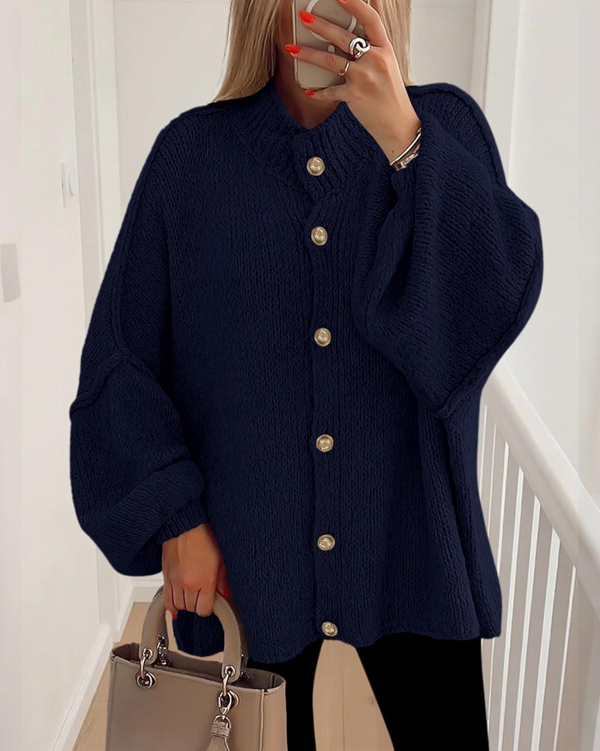 imageBTFBM Cardigan Sweaters for Women 2025 Fall Clothes Lantern Long Sleeve Button Open Front Chunky Knit Oversized SweaterNavy Blue