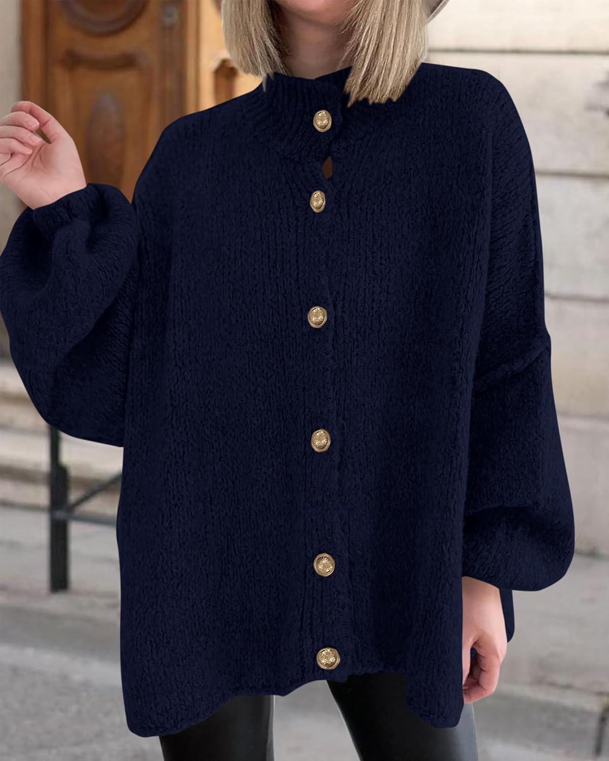 imageBTFBM Cardigan Sweaters for Women 2025 Fall Clothes Lantern Long Sleeve Button Open Front Chunky Knit Oversized SweaterNavy Blue
