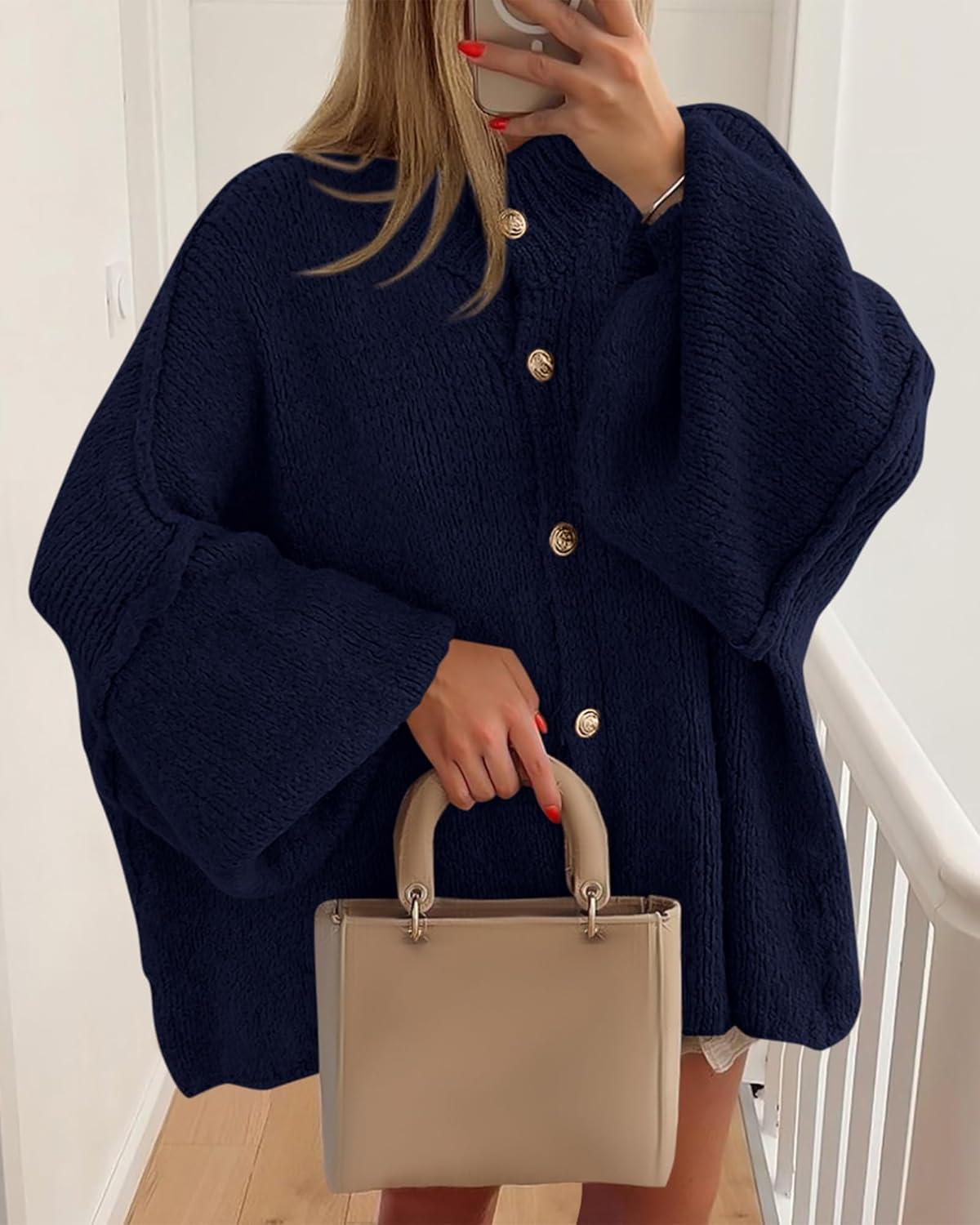imageBTFBM Cardigan Sweaters for Women 2025 Fall Clothes Lantern Long Sleeve Button Open Front Chunky Knit Oversized SweaterNavy Blue