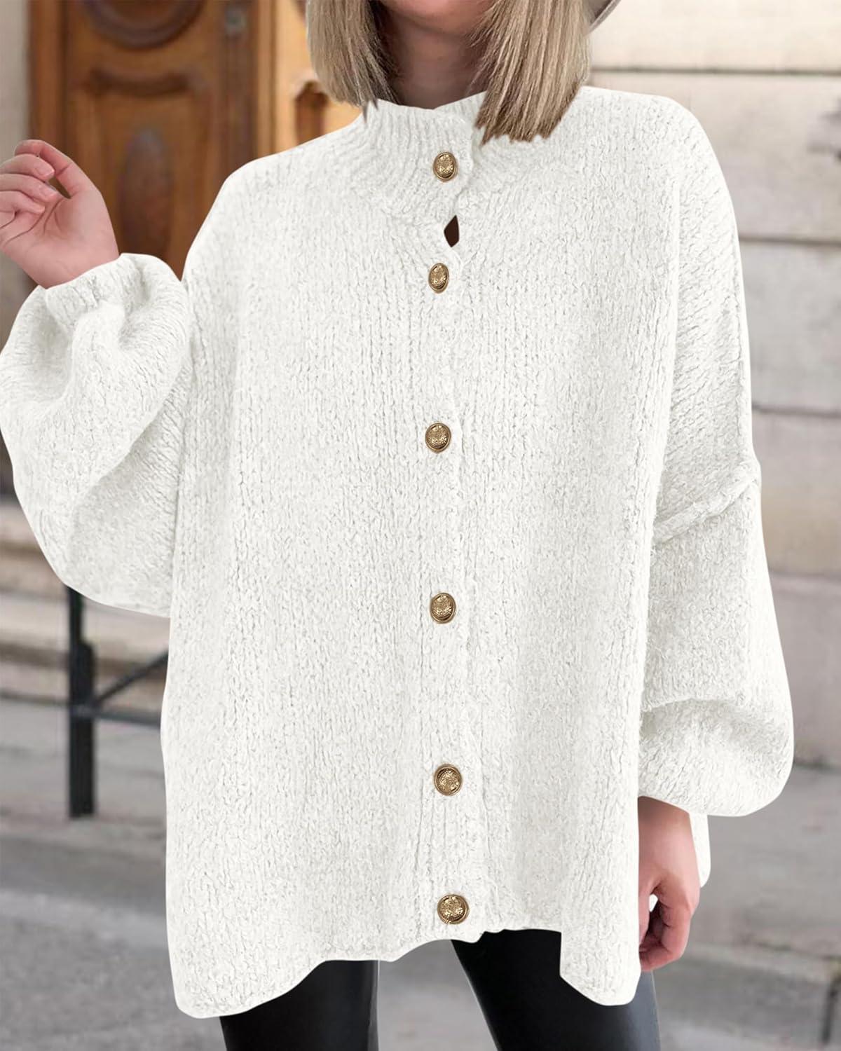 imageBTFBM Cardigan Sweaters for Women 2025 Fall Clothes Lantern Long Sleeve Button Open Front Chunky Knit Oversized SweaterWhite