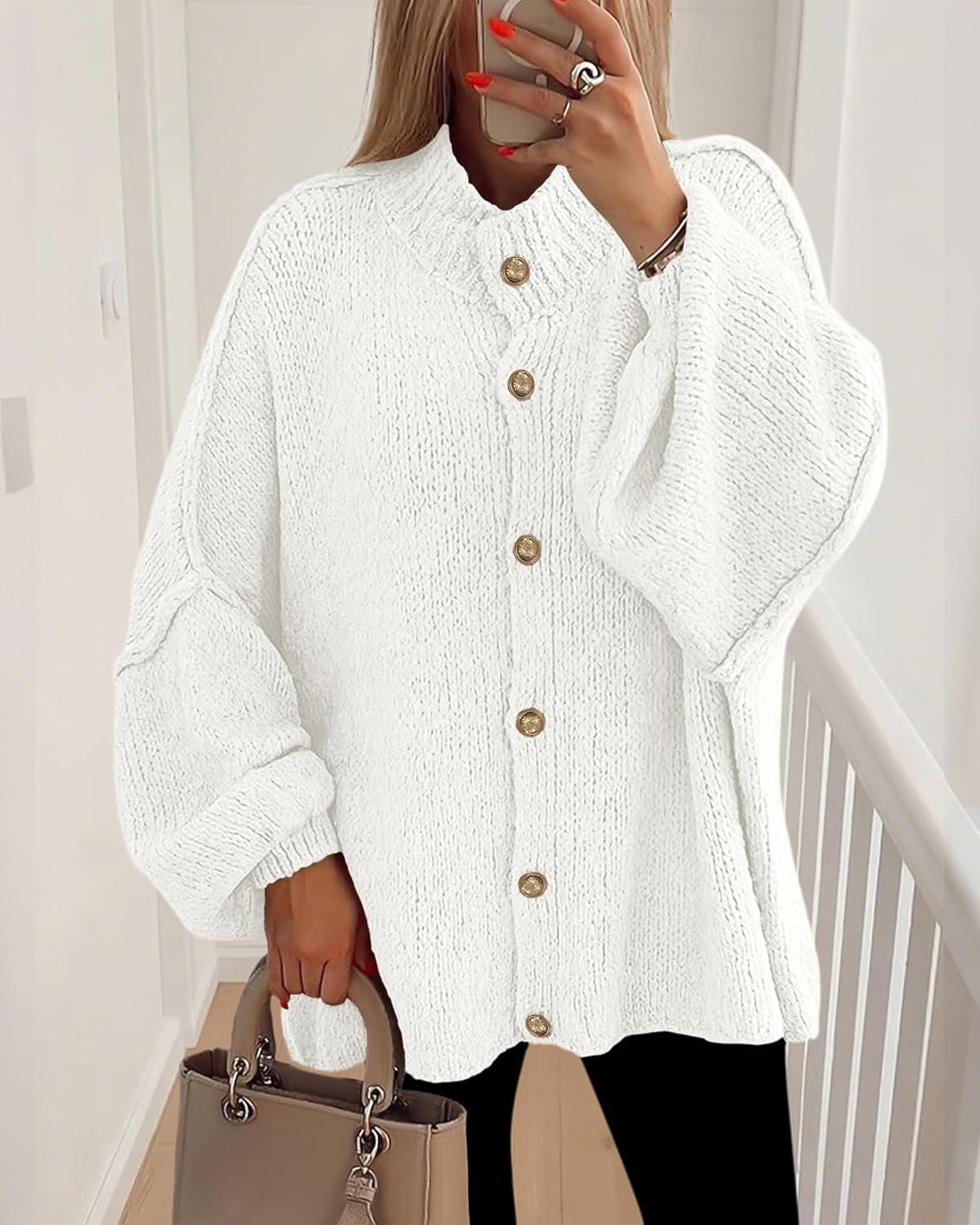 imageBTFBM Cardigan Sweaters for Women 2025 Fall Clothes Lantern Long Sleeve Button Open Front Chunky Knit Oversized SweaterWhite