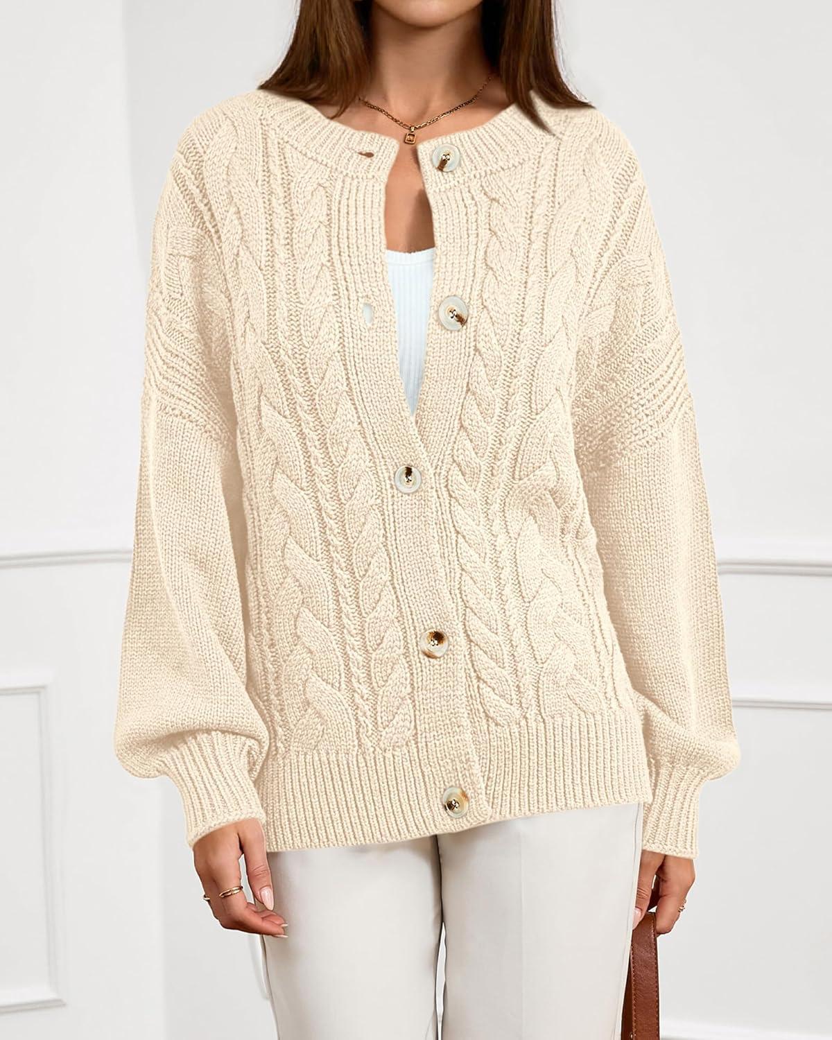 imageBTFBM Chunky Cardigan Sweaters for Women Fall Fashion 2025 Button Long Sleeve Loose Cable Knit Winter Coats OuterwearBeige White