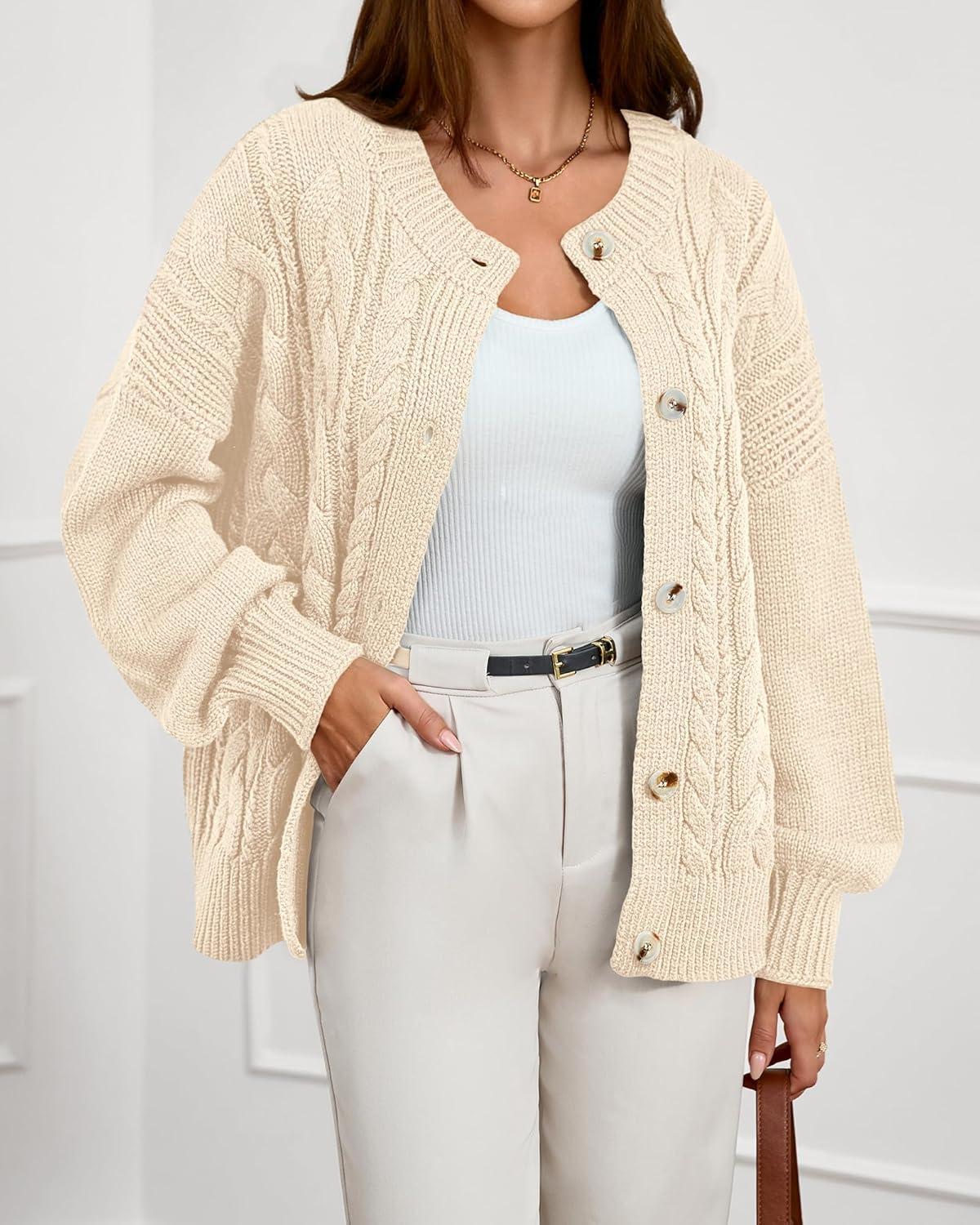 imageBTFBM Chunky Cardigan Sweaters for Women Fall Fashion 2025 Button Long Sleeve Loose Cable Knit Winter Coats OuterwearBeige White